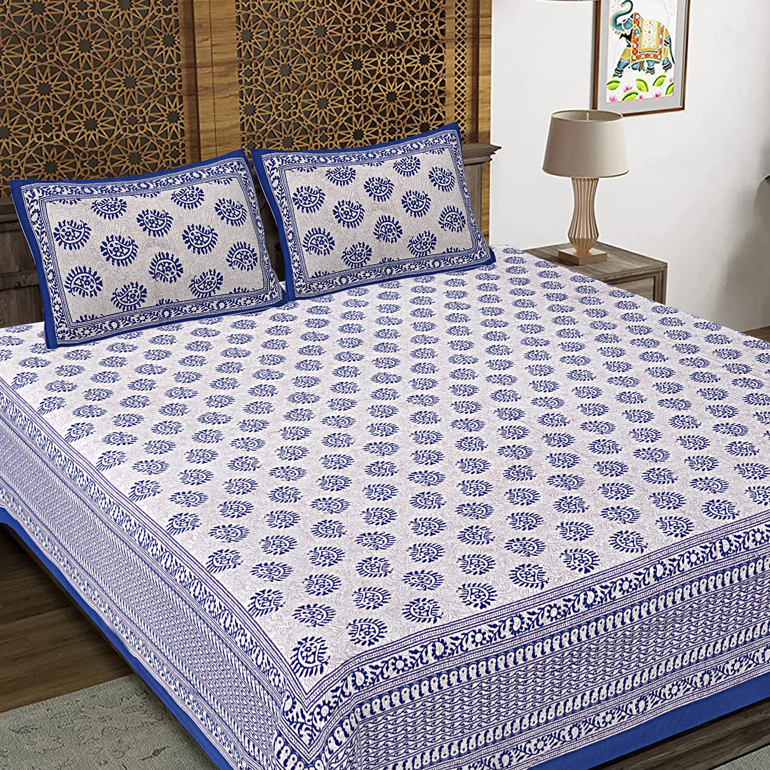 WESTLYN Hand Block Print 300 TC Cotton King Size Bedsheet, Multi-Coloured144