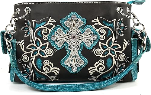 Miniatura 1 de Justin West Tooled Western - Bolso de mano de piel con bordado floral y diamantes de imitación con tachuelas hombro oculto