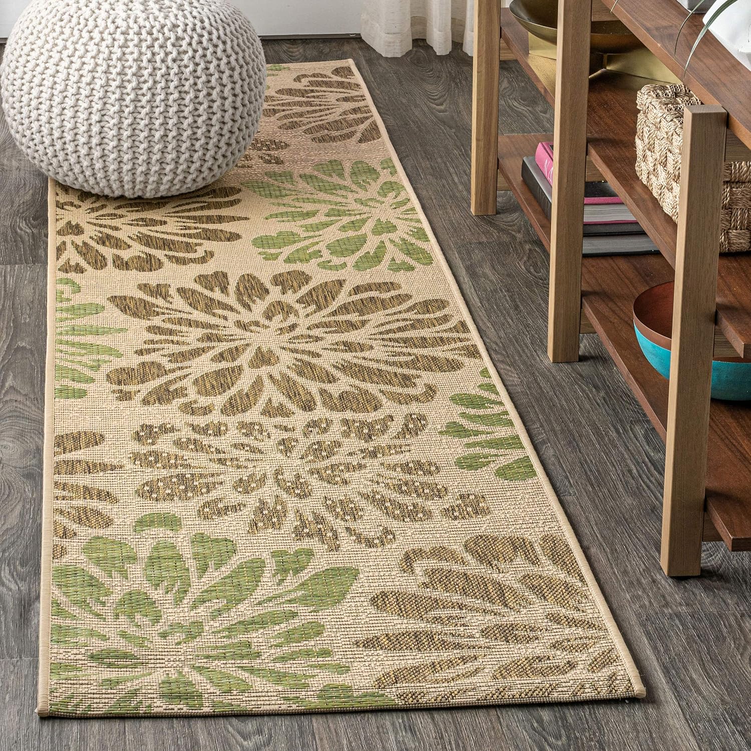 JONATHAN Y SMB110A-28 Zinnia Modern Floral Textured Weave Indoor Outdoor Area-Rug Bohemian Coastal Easy-Cleaning Bedroom Kitchen Backyard Patio Non Shedding, 2 X 8, Sage/Brown Sage/Brown 2 X 8