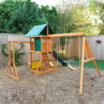KidKraft Brightside Wooden Swing Set with Cafe Area and Stools
