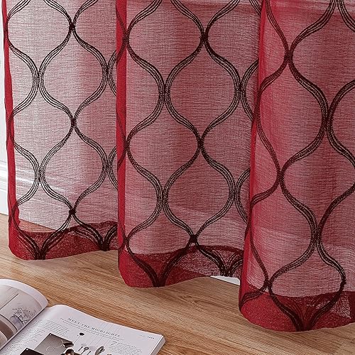 Miniatura 5 de Bujasso Cortinas traslúcidas rojas navideñas de 54 pulgadas, patrón geométrico bordado de luz, paneles cortos para cocina y sala de estar, juego de