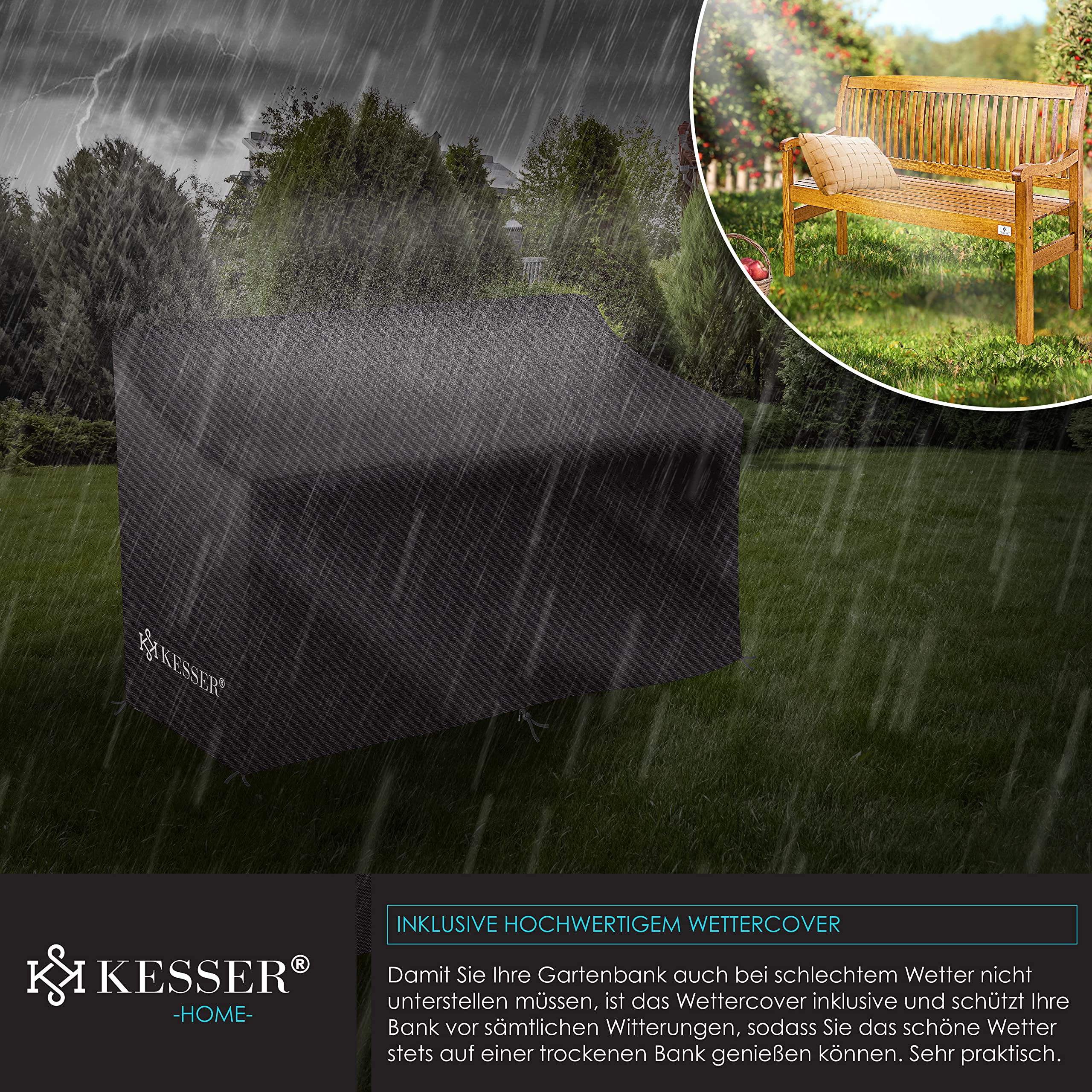KESSER® Gartenbank Holz Holzbank wetterfest | Für 3 bis 4 Personen | Parkbank aus Massivholz | Sitzbank 320 kg belastbar 150 cm | Balkonbank Bank für Balkon Terrasse & Garten inkl. Cover Hellbraun