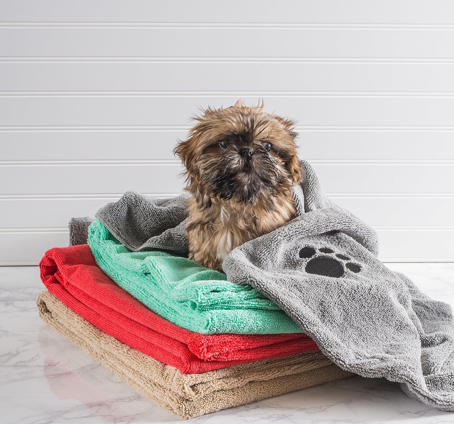 Bone Dry Pet Drying Collection Embroidered Terry Microfiber, Towel X-Large, 41x23.5", Aqua with Black Paw Print