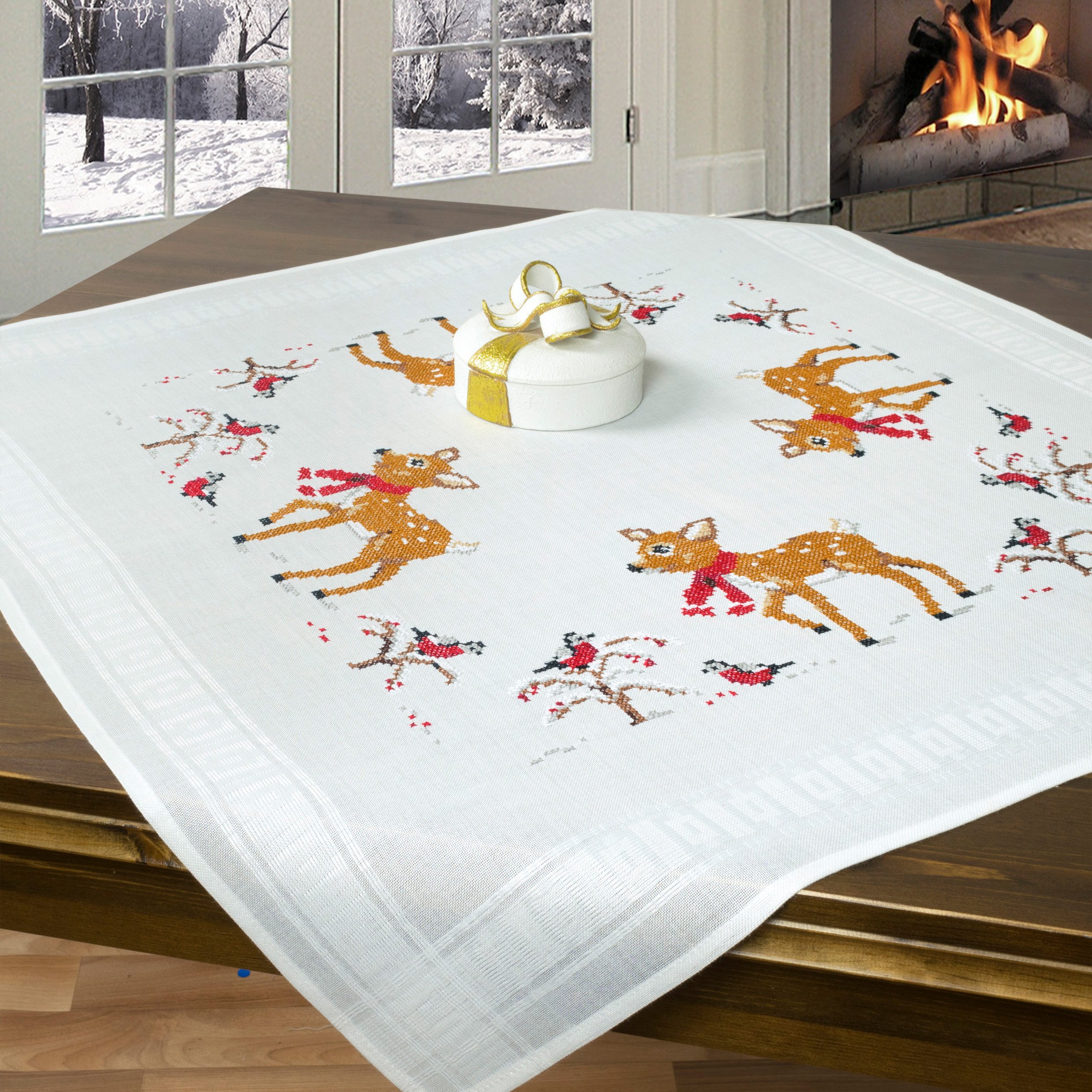 KAMACA Embroidery Kit - Tablecloth Cross Stitch Pre-Drawn Complete Set with Template - Self-Embroidery for Adults (Fawn with Scarf MD 80 x 80 cm)