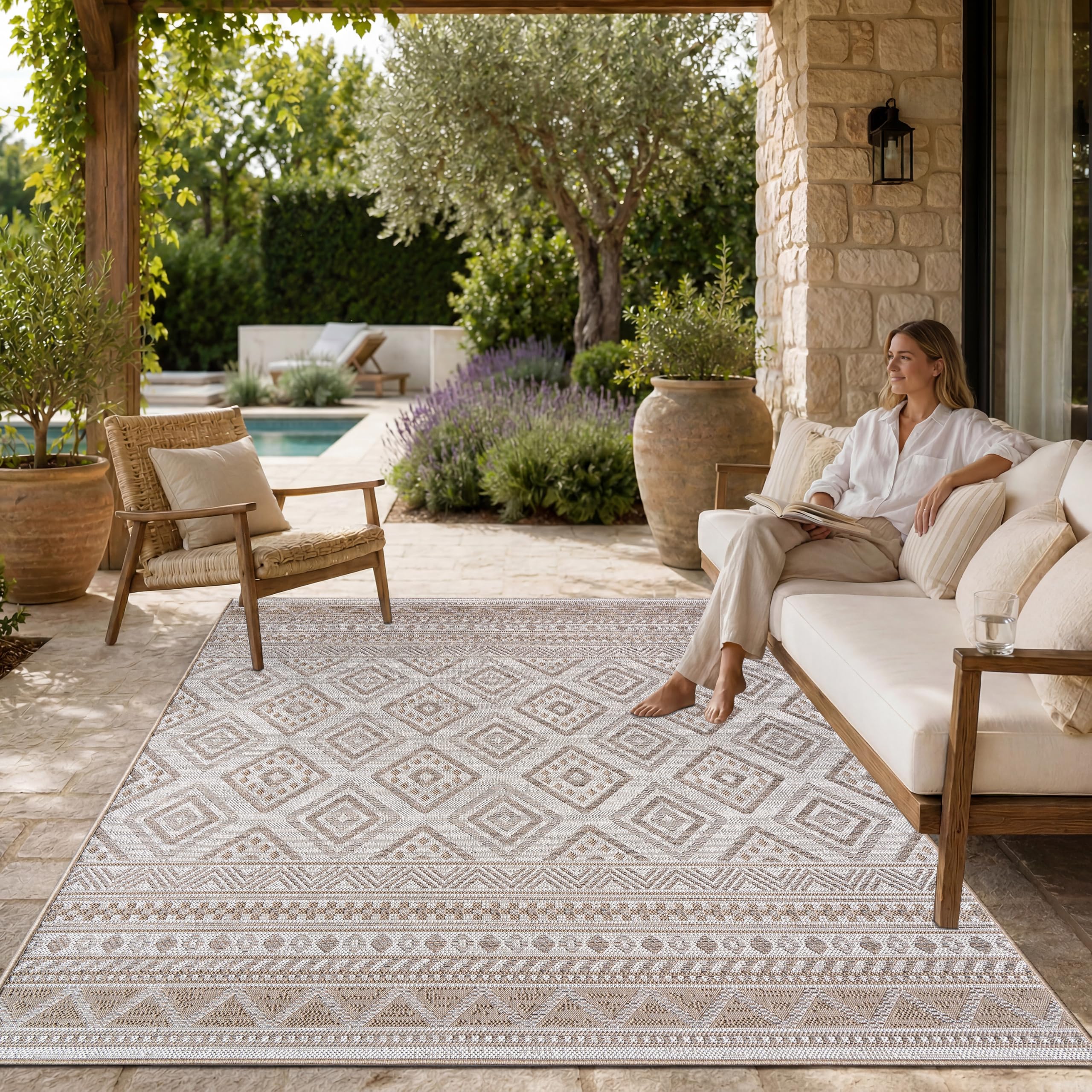 Paco Home Outdoor Teppich, Wetterfest, UV-beständig & Pflegeleicht, Flachgewebe Modern Boho-Style. Ideal für Terrasse Balkon Wohnzimmer & Küche, Grösse:200x280 cm, Farbe:Beige 2