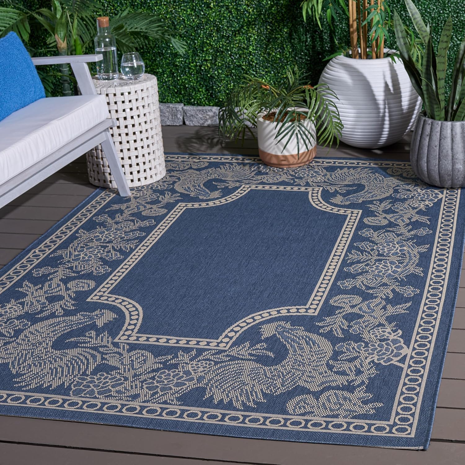 SAFAVIEH Courtyard Collection Area Rug - 6'7" x 9'6", Blue & Natural, Non-Shedding & Easy Care, Indoor/Outdoor & Washable-Ideal for Patio, Backyard, Mudroom (CY3305-3103)