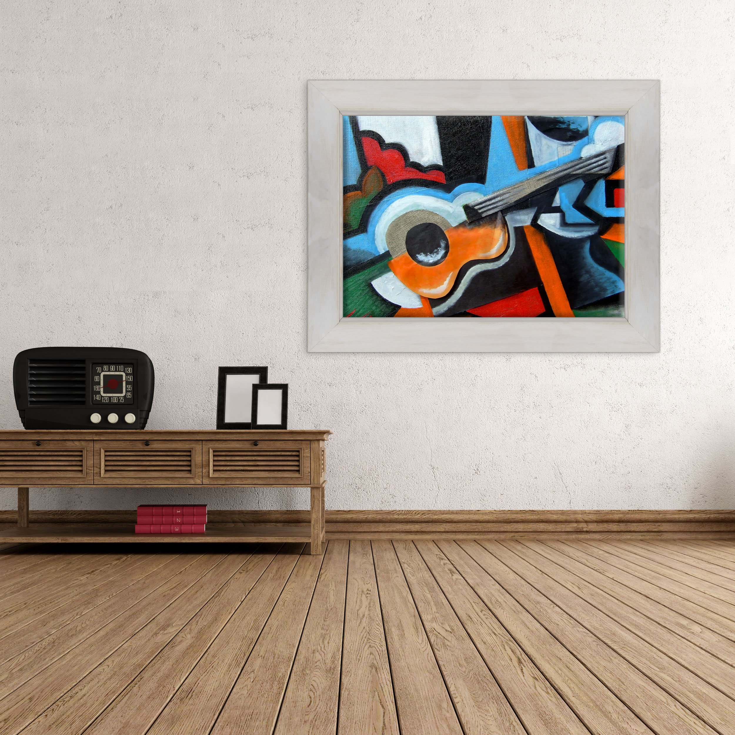 Quadro su Tela Canvas INTELAIATO - con Cornice - Astratto Chitarra - Musica Arte - 70x100cm - Stile Country Bianco Shabby - (cod.1820)