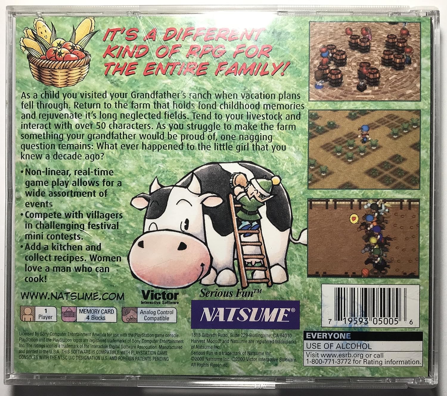 Back of Harvest Moon Back To Nature game case with gameplay screenshots and features