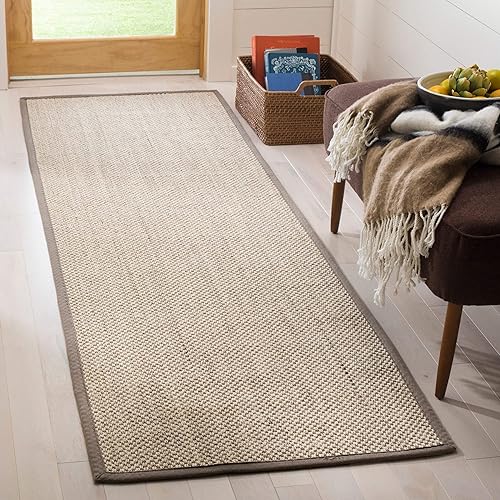 SAFAVIEH Natural Fiber Collection 2'6" x 16' Marble / Khaki NF143E Border Sisal Runner Rug