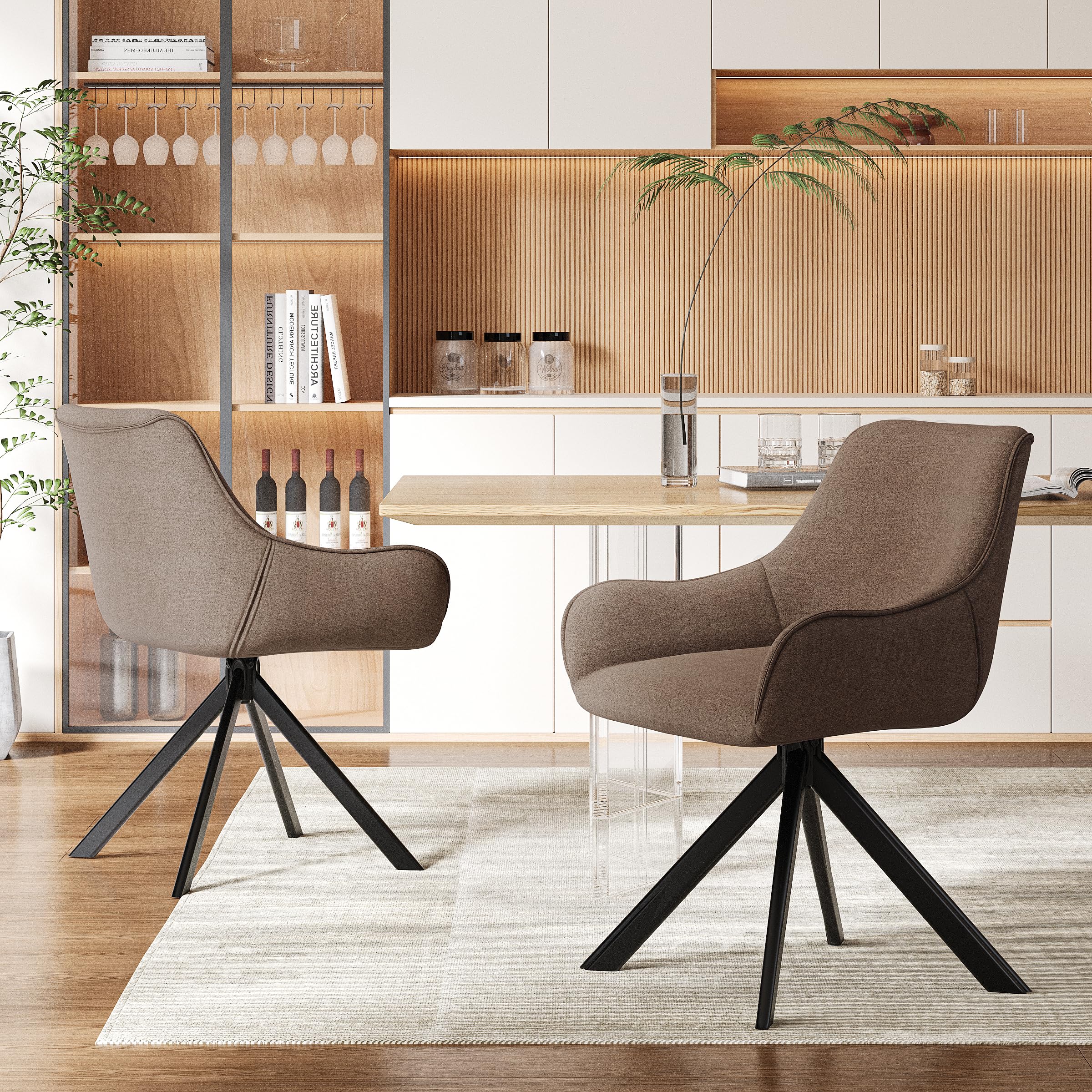 Juego de 4 sillas de comedor giratorias con reposabrazos, giratorias 360°, sillas tapizadas de lino, modernas, giratorias, con estructura de metal y respaldo para comedor, salón, oficina