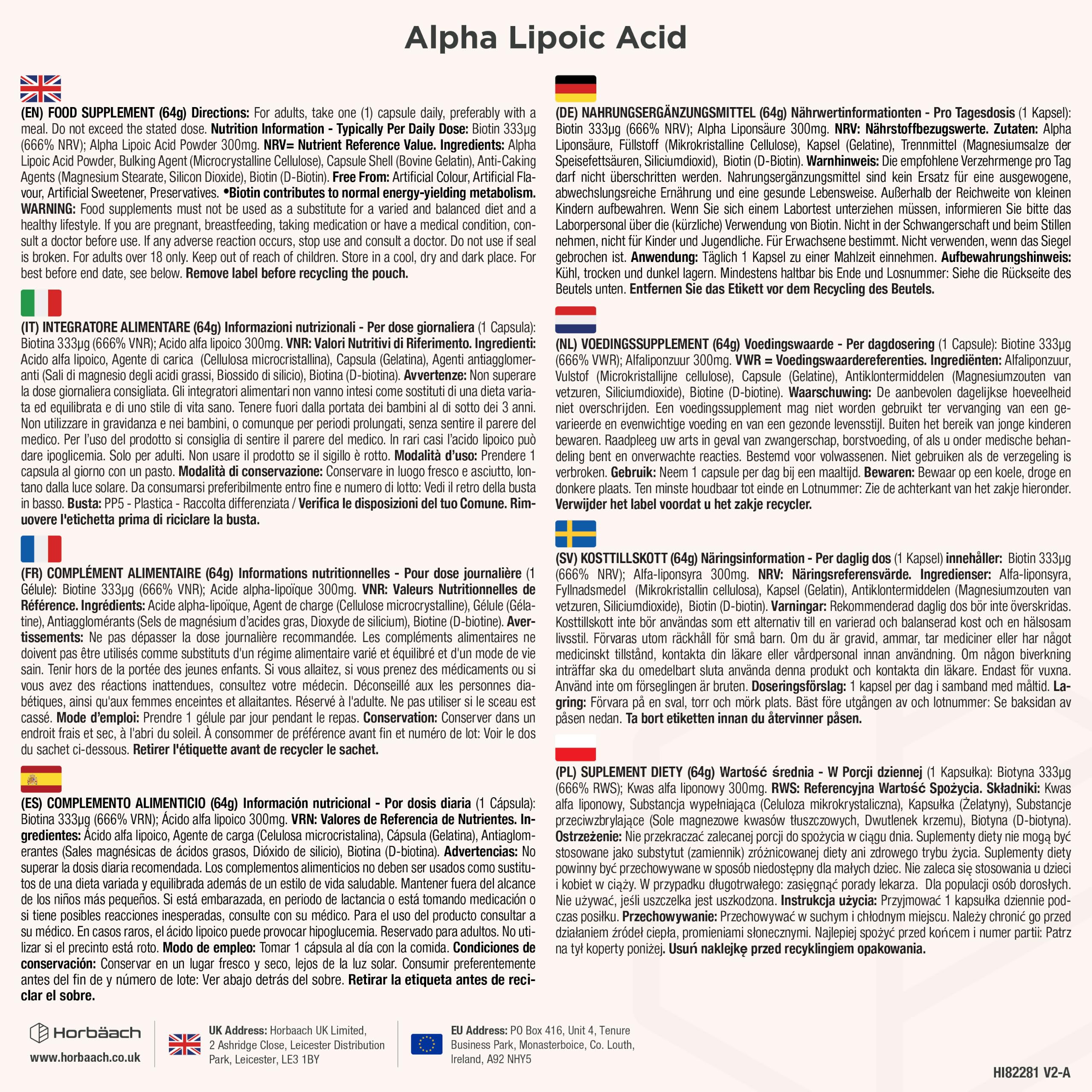 Alpha Liponsäure 300mg Pure | 4 Monate Vorrat - 120 Alpha Lipoic Acid Kapseln | Hochdosiert | ALA | Beauty Complex mit Biotin | Horbaach