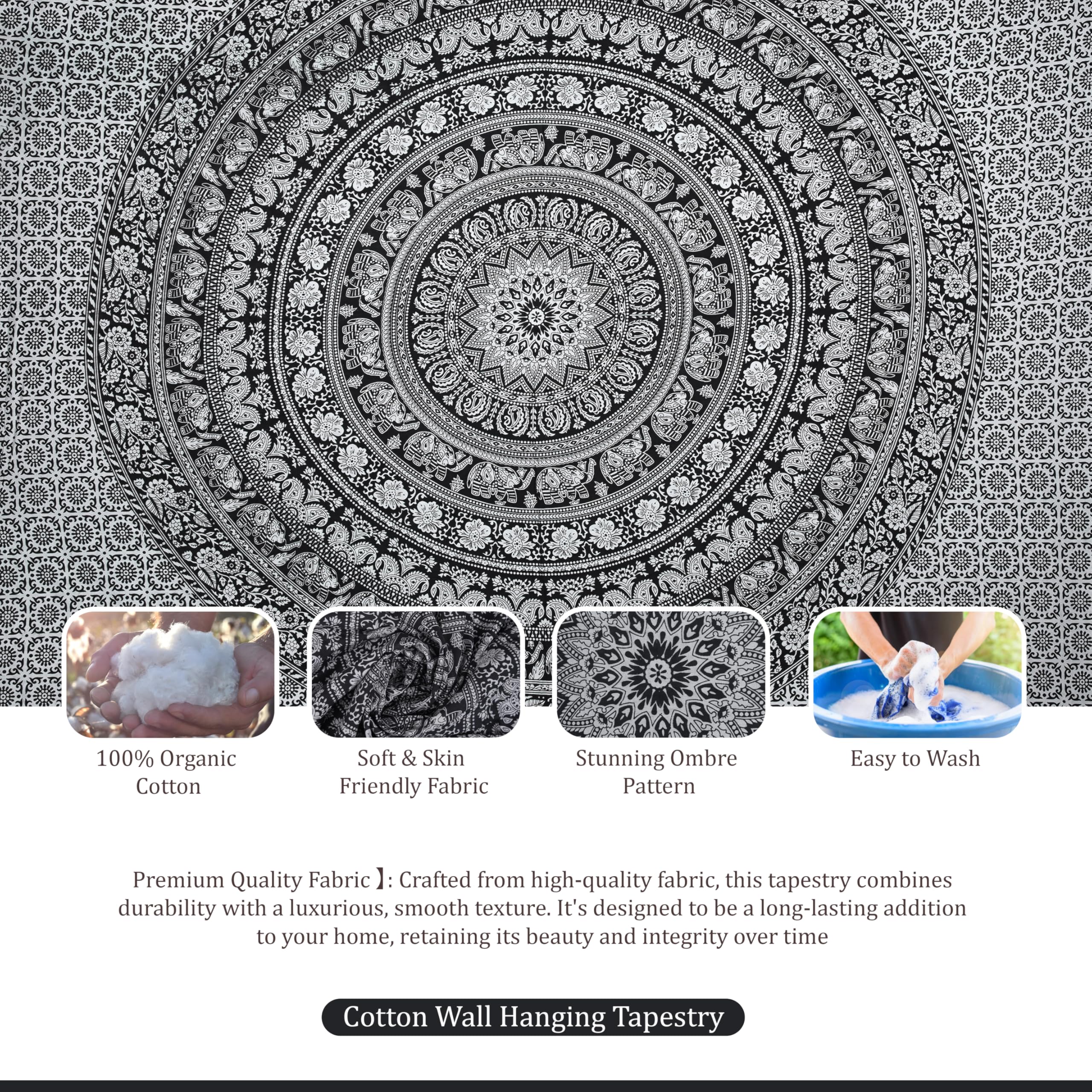 Craft Trade Mandala Elephant Tapestry Black and White Wall Hanging Tapestry Boho Hippie Tapestries for Decor Living Room Yoga Meditation and Bedroom - Image 4