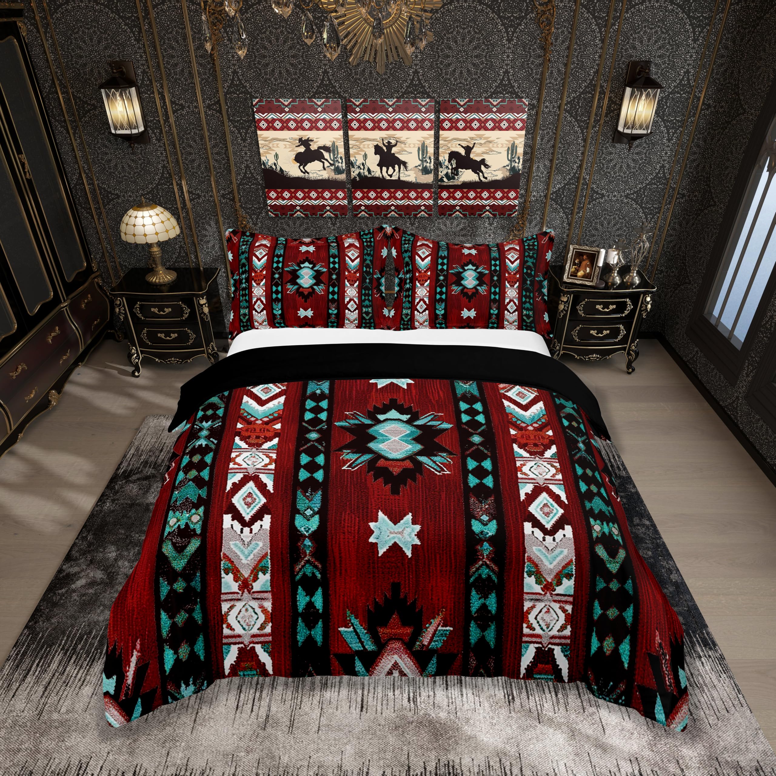Loussiesd Rot Südwesten 100% Baumwolle Bettwäsche Set 200x200cm Geometrisch Bettwäsche Dekor Tribal Exotic Style Native American Indian Design Bettbezug Set Streifen Linie Bettwäsche-Set