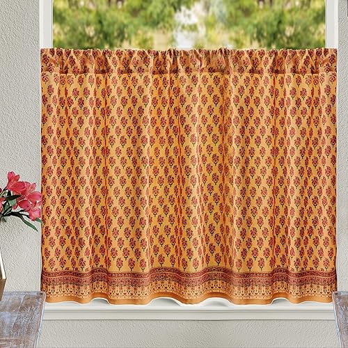 Saffron Marigold Cortinas de cocina 100% algodón con estampado de bloque a mano, intrincado verano indio, bolsillo para barra, diseño bohemio