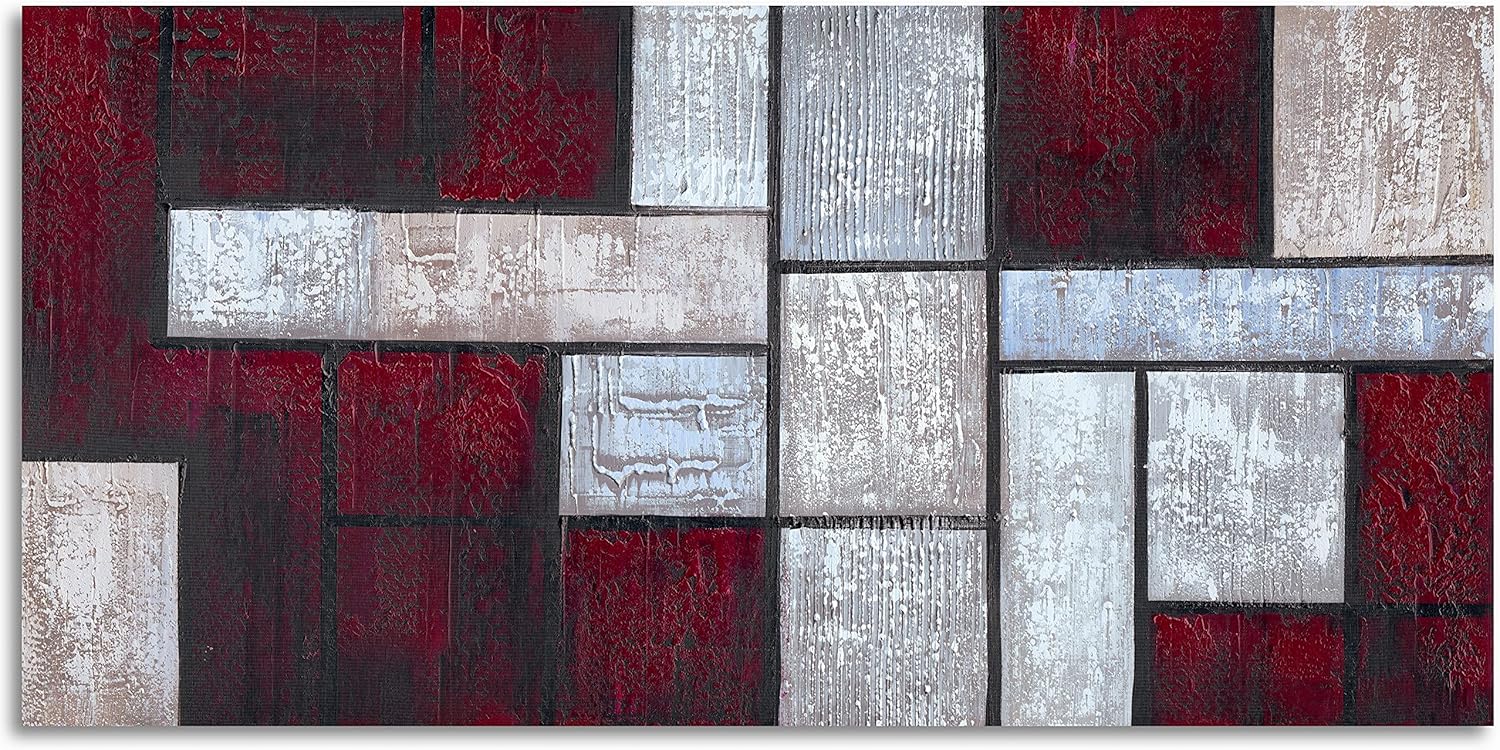 Cuadrados abstractos en lienzo pintado a mano, pintura al óleo de color rojo oscuro, decoración de imagen pesada texturizada para sala de estar,