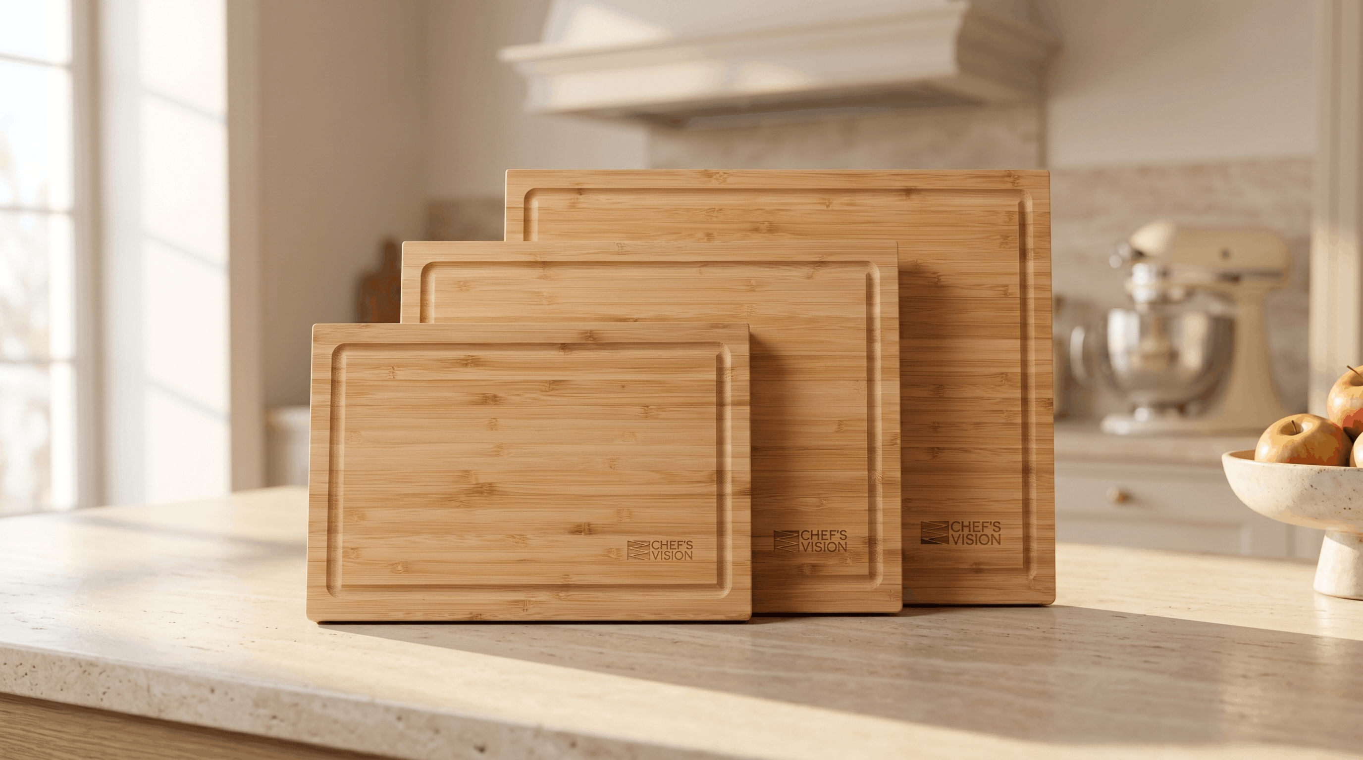 Chef's Vision Set de 3 Tablas de Cortar de Bambú, 0.8 Pulgadas de Grosor, Formato Rectangular con Manijas Integradas y Surcos para Jugos miniatura 7