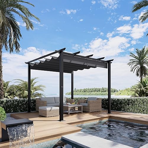Pérgola retráctil para exteriores de 10 x 10 pies con toldo para patio, refugio de metal para jardín, porche, playa, pabellón, parrilla, glorieta,