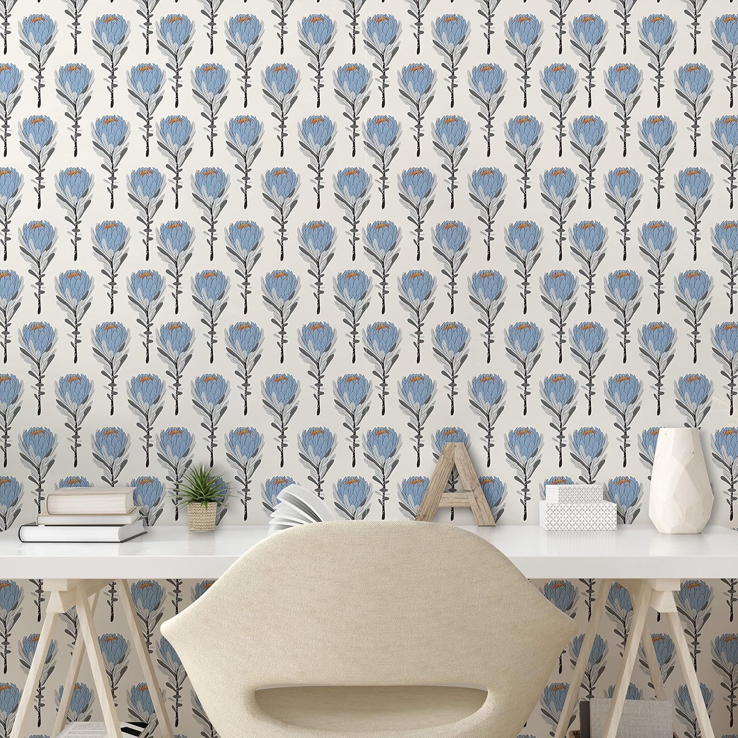 Ambesonne Dusty Blue Peel & Stick Wallpaper for Home, Vintage Hand Drawn Protea Flowers Nature Theme, Self-Adhesive Living Room Kitchen Accent, 13" x 36", Ivory Blue Grey