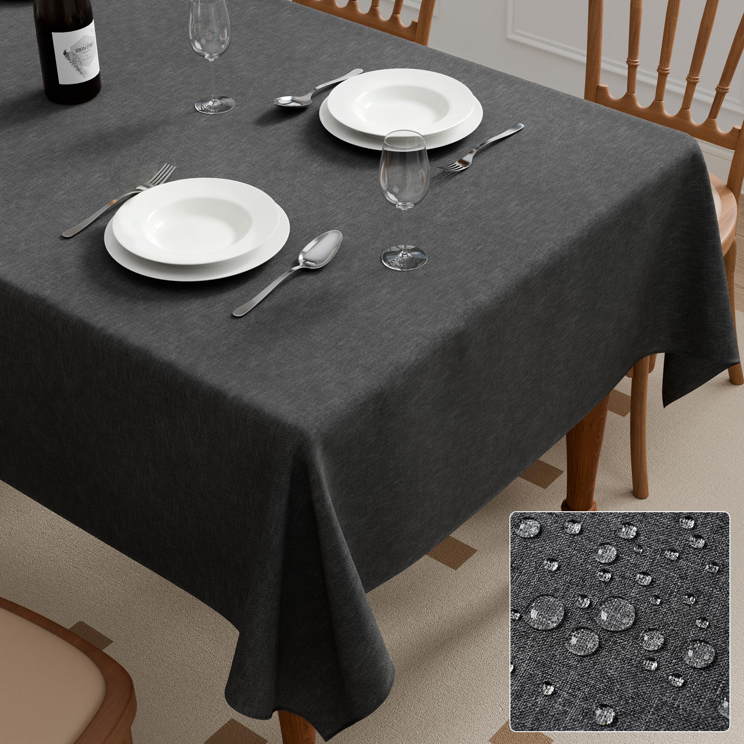 Roerf Rectangle Tablecloth 140x200cm, Dark Grey Faux Linen Spill-Proof Wipeable Water Resistant Table Cover for Dining Kitchen Garden Indoor Outdoor, 55x79inch