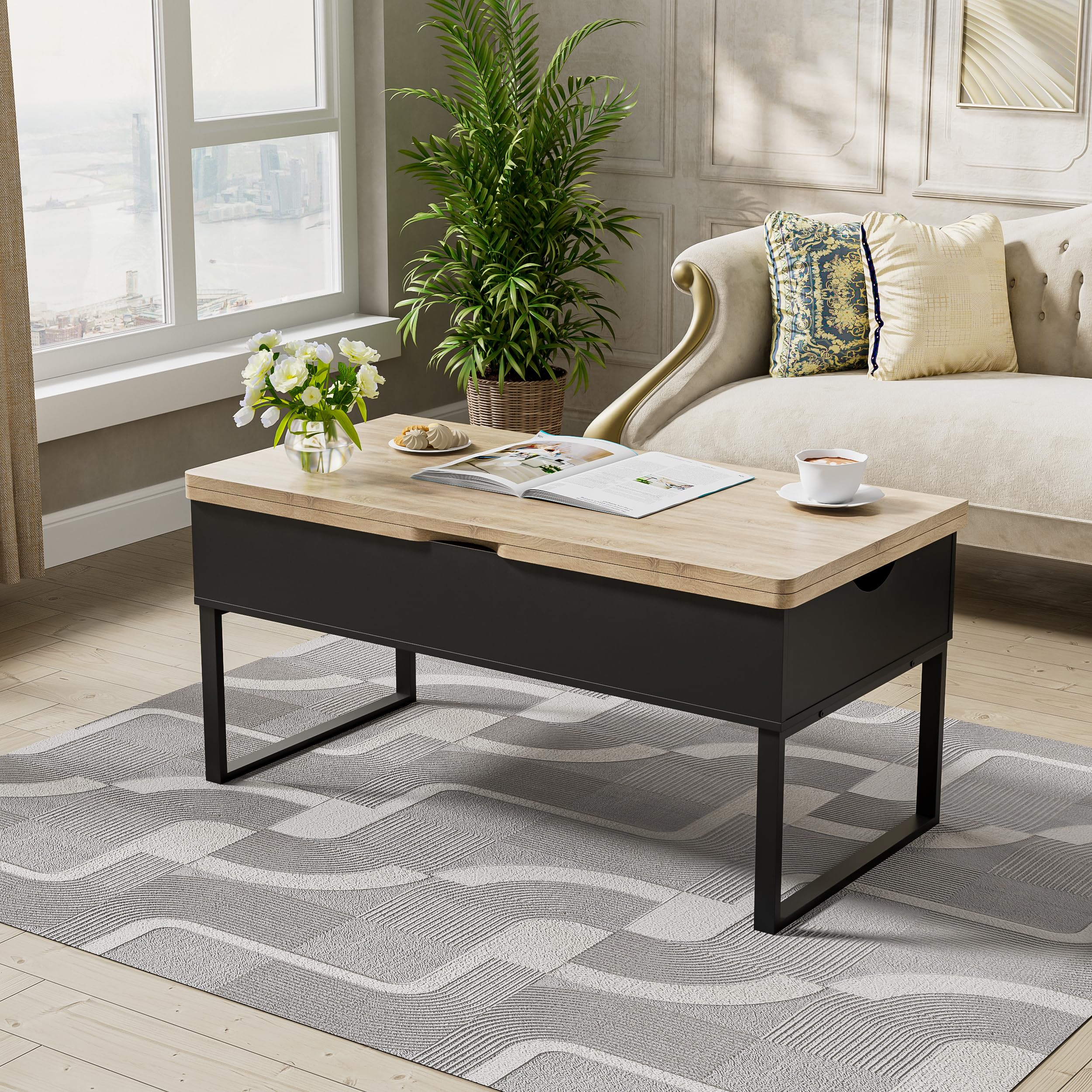MSFE Mesa Centro Elevable,Mesa de Salón Multifuncional 4 en 1 con Almacenamiento Oculto,Altura Ajustable,Mesa Convertible Moderna y Elevadora para Comedor de Salón,Color Negro y Madera