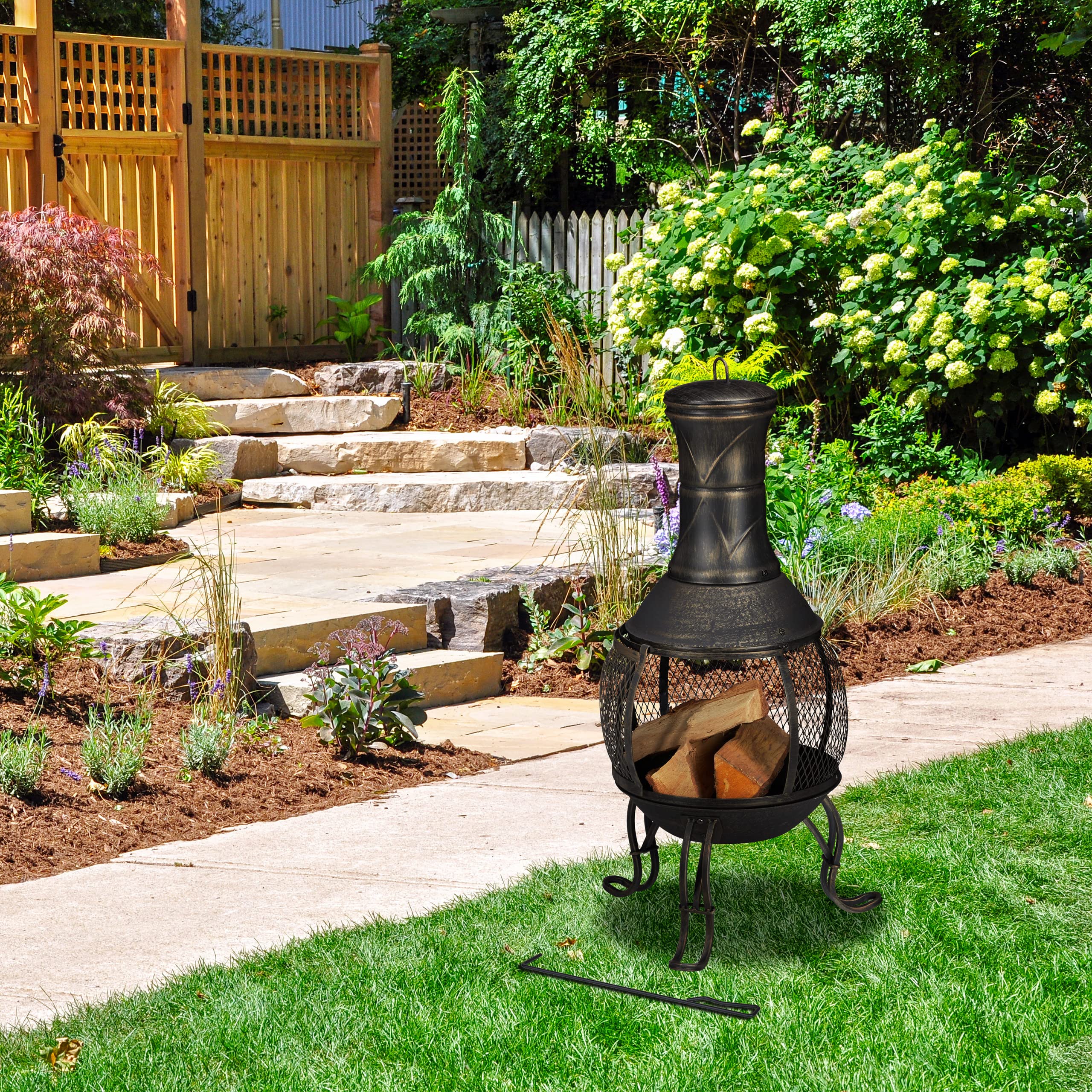 Relaxdays Terrassenofen, Stahl & Gusseisen, HxD: 88x36 cm, Gartenkamin Funkenschutz, Chiminea, Aztekenofen, schwarz/Gold