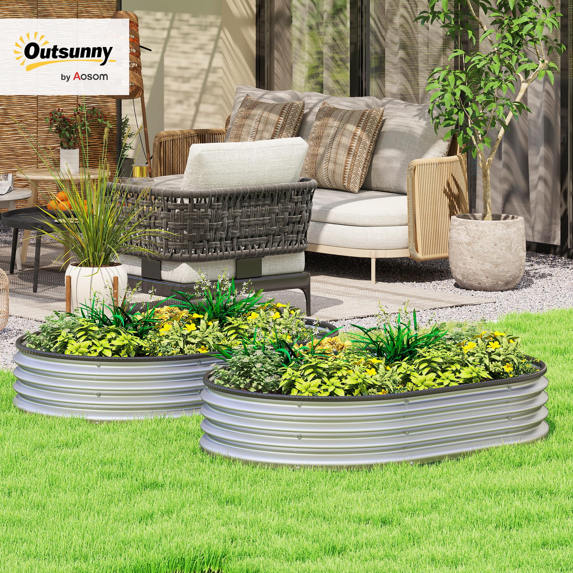 Outsunny Jardinière surélevée en métal, lot de 2, 135 x 90 x 30 cm, ovales, fond ouvert, bandes en caoutchouc, bordure de sécurité, gants, kit modulaire, jardinière surélevée pour légumes, fruits,