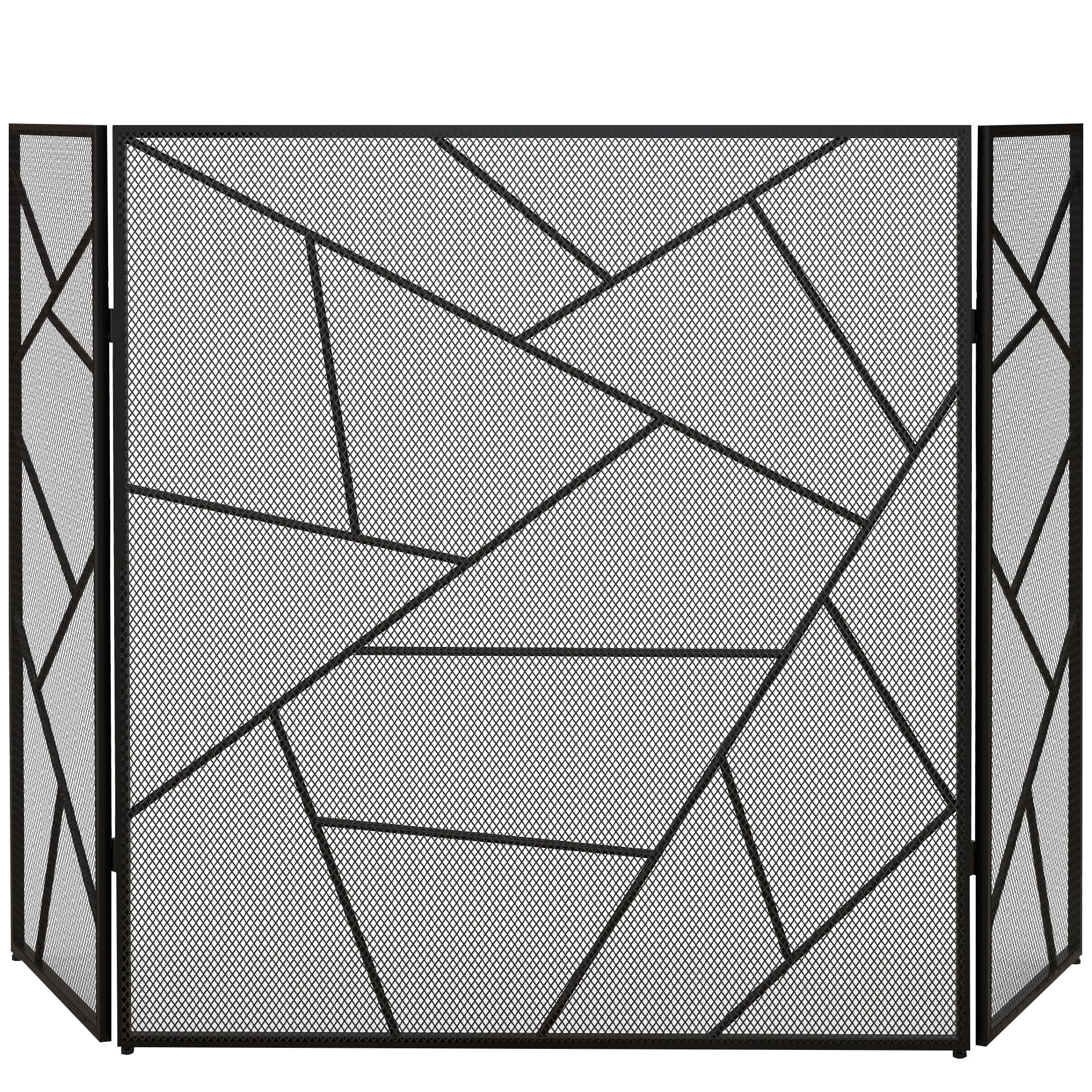 HOMCOM Pare feu cheminée Pliable 3 Panneaux, Pare-étincelles cheminée, Grille de Protection cheminée en Maille d'acier avec décor géométrique et Pieds antidérapants, 135l x 1,2P x 85H cm, Noir