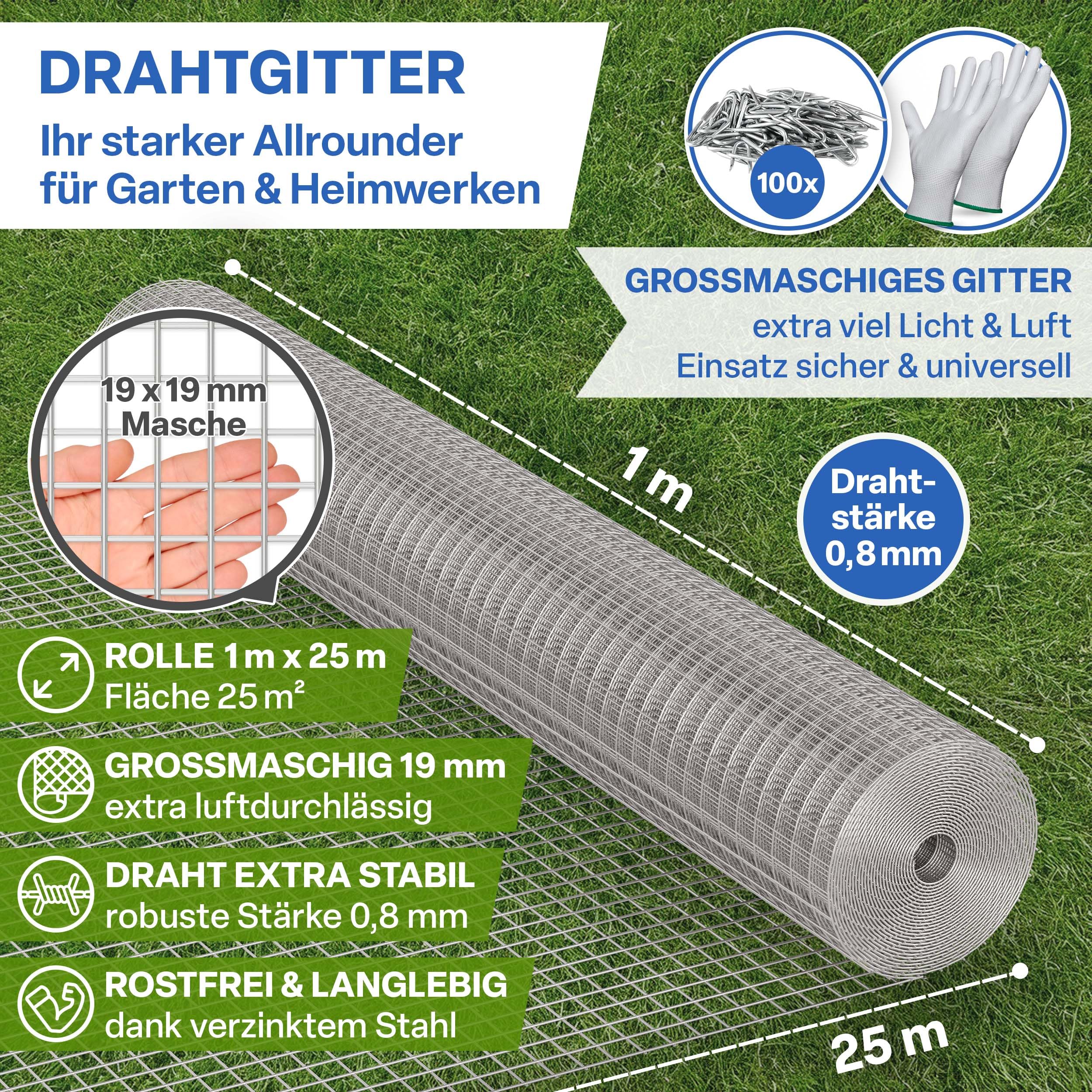 TTL GARDEN 1 x 25 m de malla de alambre galvanizado de 19 mm de malla de 0,80 mm de grosor – en rollo de malla de alambre para aviarios de 25 m x 1 m de ancho 19 mm de ancho