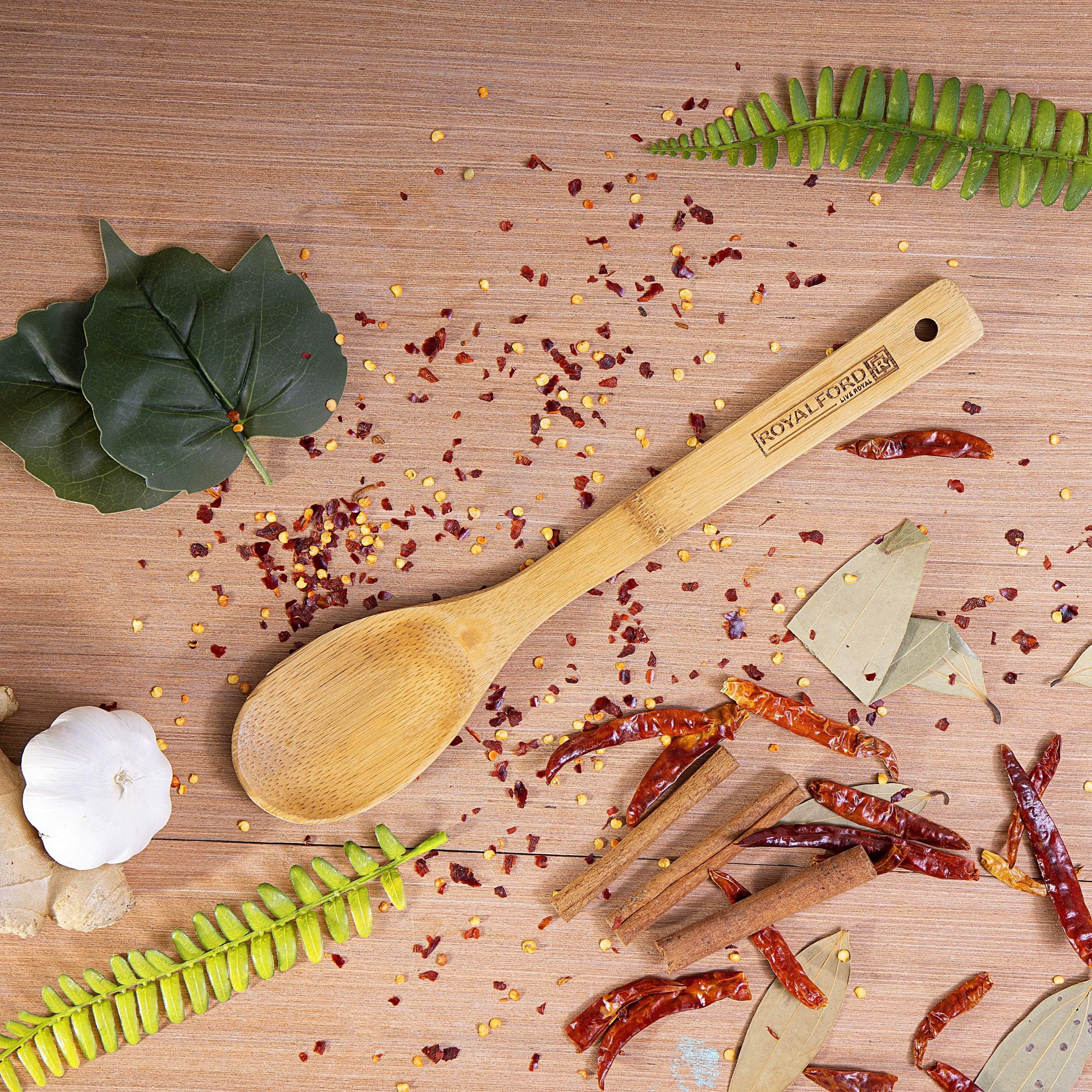 Royalford Bamboo Serving Spoon - Heat Resistant Soft Grip Spoon Handle, Bamboo, Cooking and Baking Equipment | Dishwasher Safe & Hanging Loop