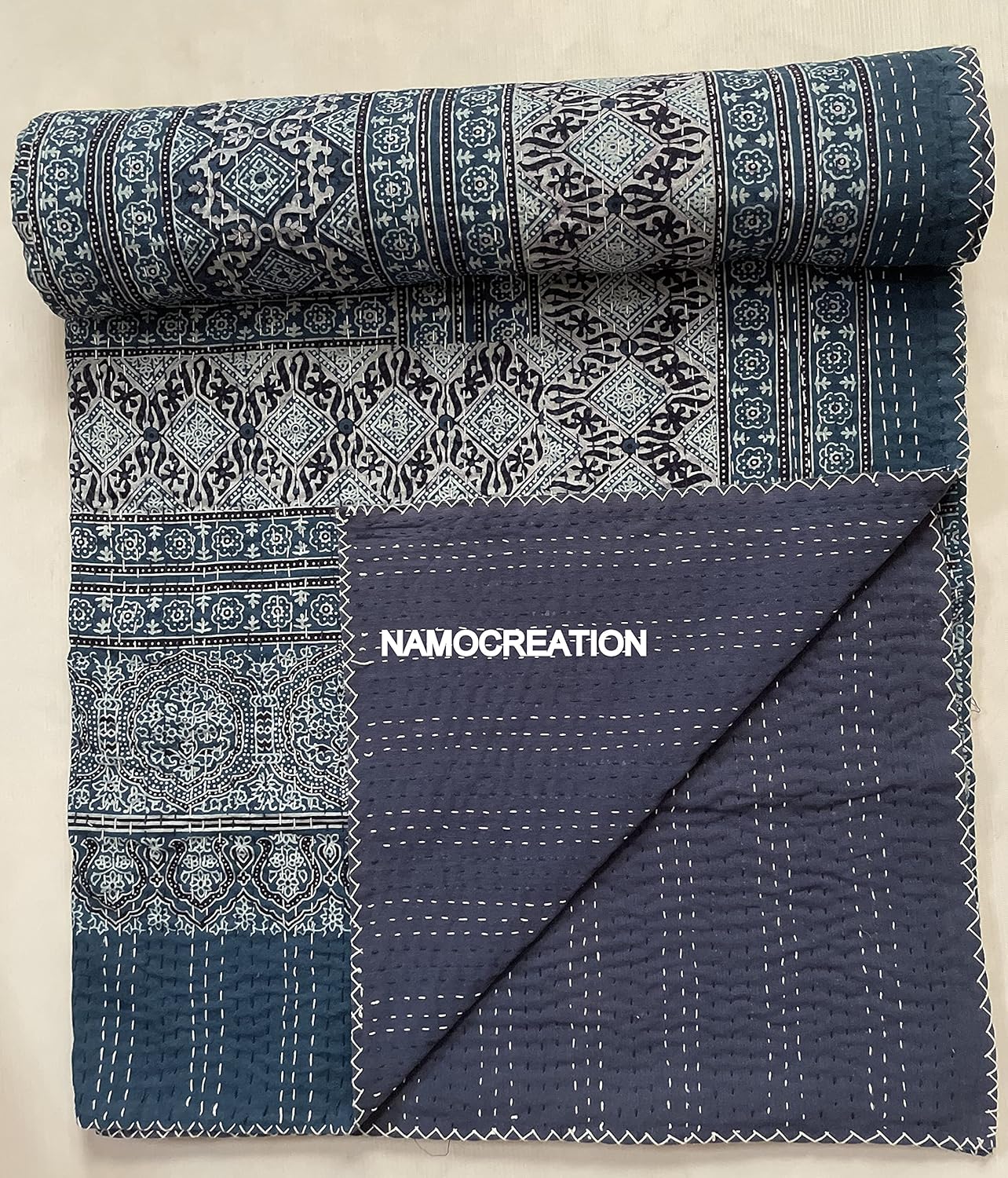 Ajrakh Print Cotton Kantha Handmade Quilt Handblock Sofa Cover Bohemian Bedspread Reversible Throw Blanket California King/Queen/Twin Size (Blue 3, 90X108 Inches)
