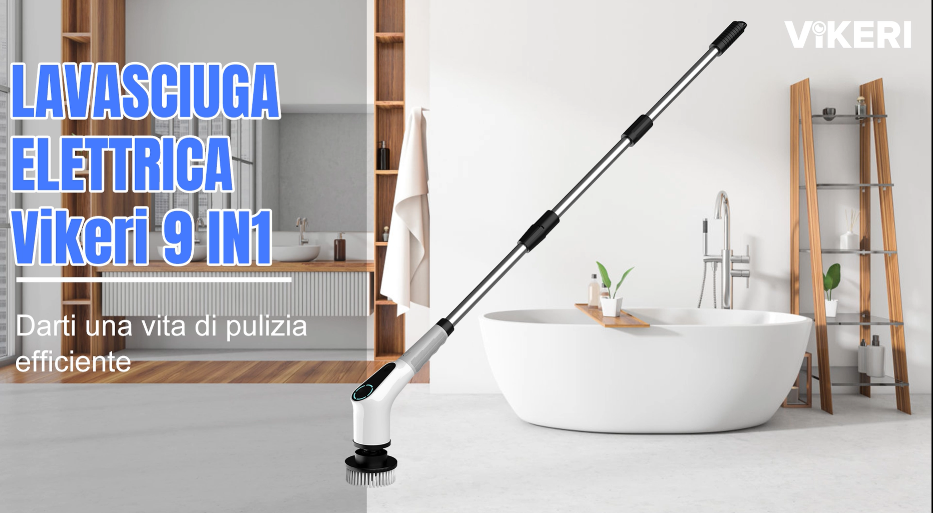 Spazzola Elettrica Rotante FIXM | Manico Regolabile 107-131 Cm | 8 Testine, 2 Velocità, Batteria 90 Min | Arancione