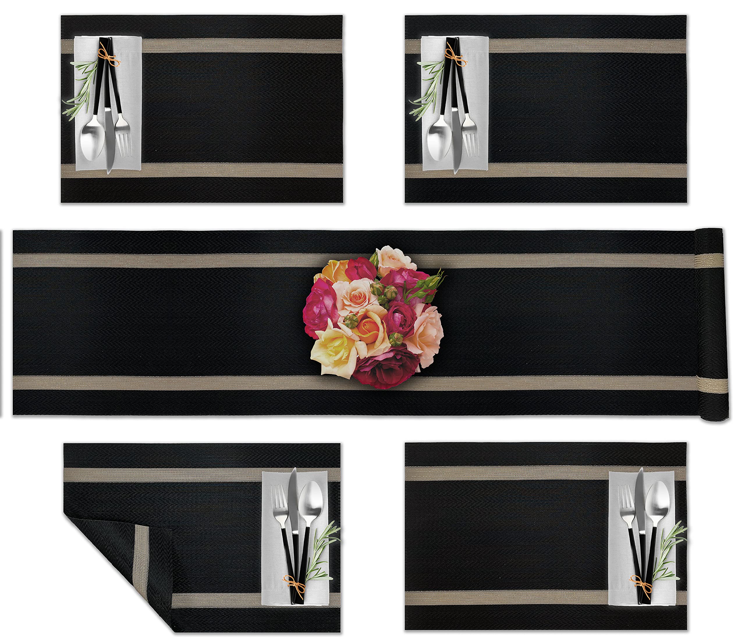 CK Home Tuxedo Stripe PVC Runner & 4 Placemats Set, Woven Vinyl Table Mats for Indoor/Outdoor, Caramel/Black.