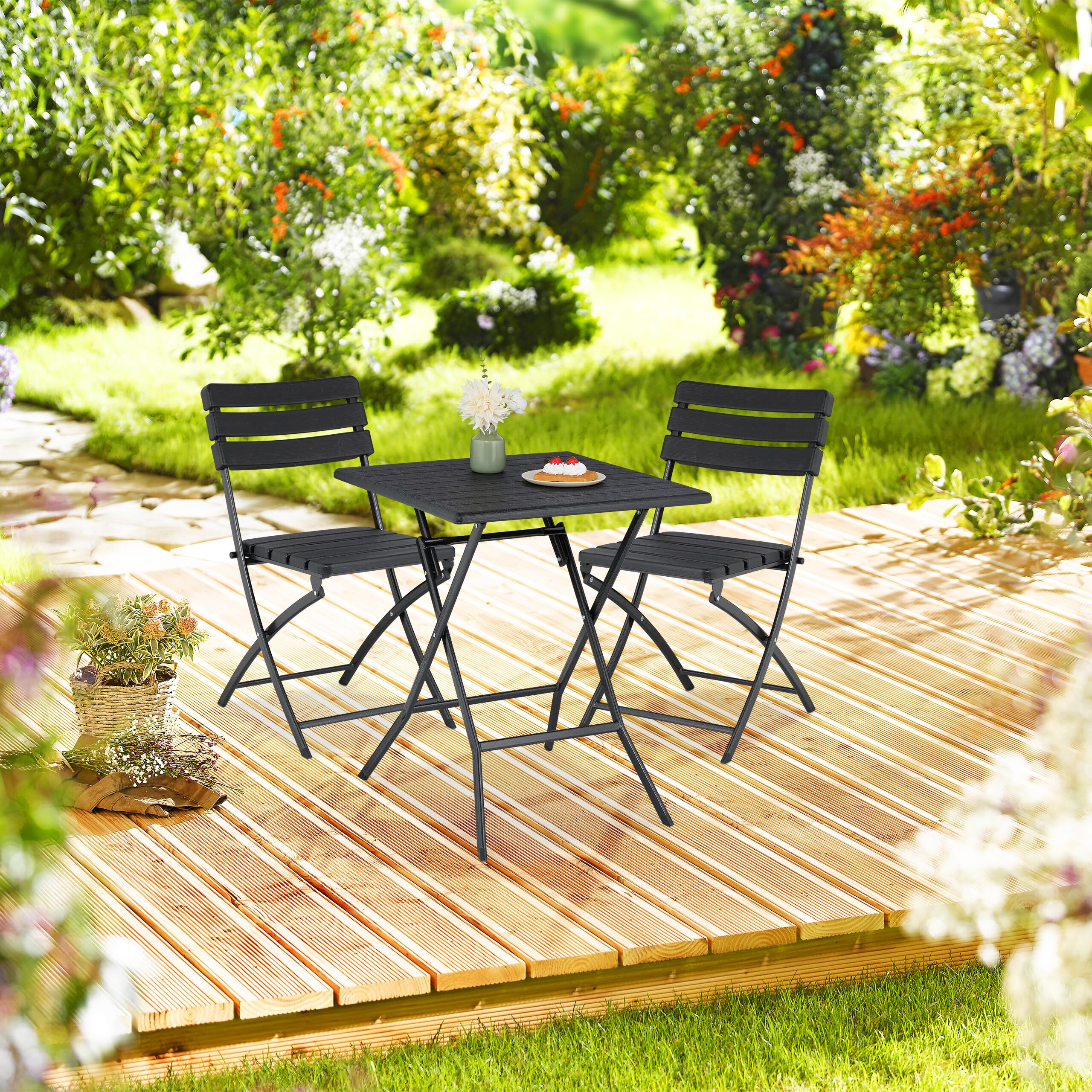 Relaxdays Table Pliante et 2 chaises pour Balcon, Aspect Bois, Acier et Plastique, Meubles terrasse, Noires