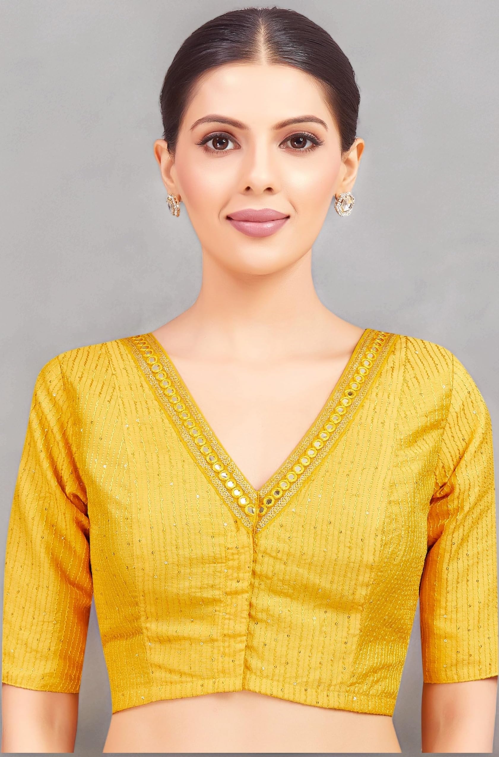 Women's Readymade Polyester Elbow Length Sleeves Saree Blouse with Mirror Work