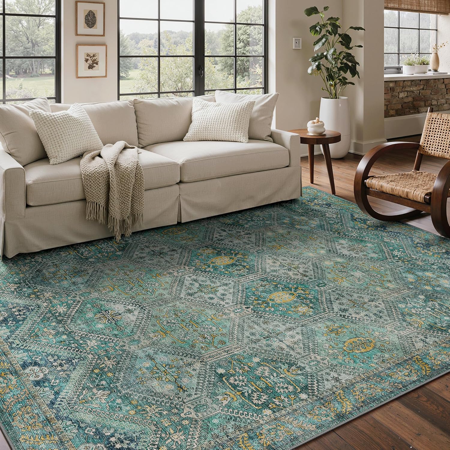 Bavni 8x10 Area Rugs for Living Room, Machine Washable Rug Non Slip, Vintage Chenille Distressed Print Carpet, Large Low Pile Ultra-Thin Lightweight Rugs for Bedroom, Dining Room, Home, Office, Cyan
