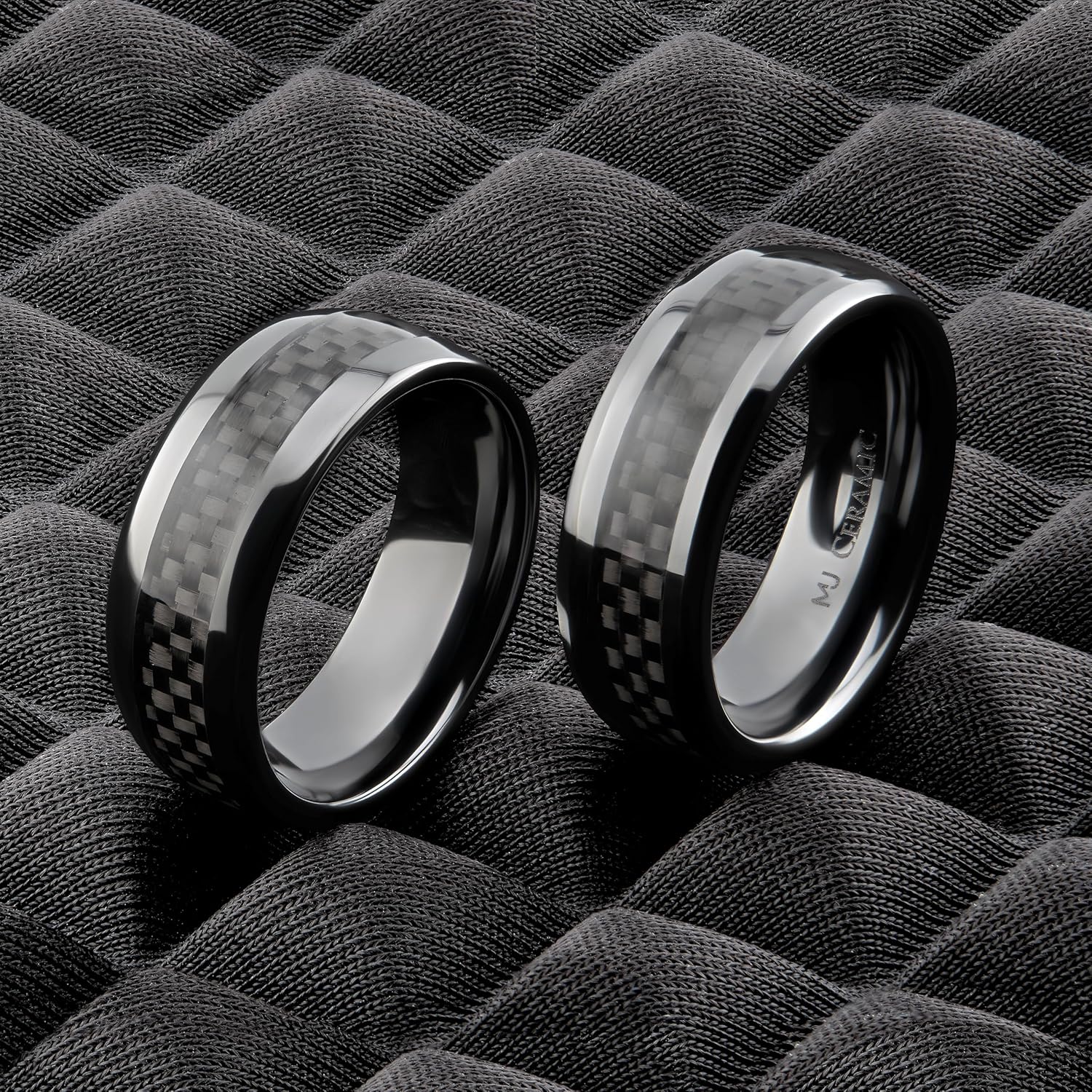 Black Ceramic Carbon Fiber Inlay Ring | Recessed Edge or Half Dome | Comfort Fit Band | Non conductive