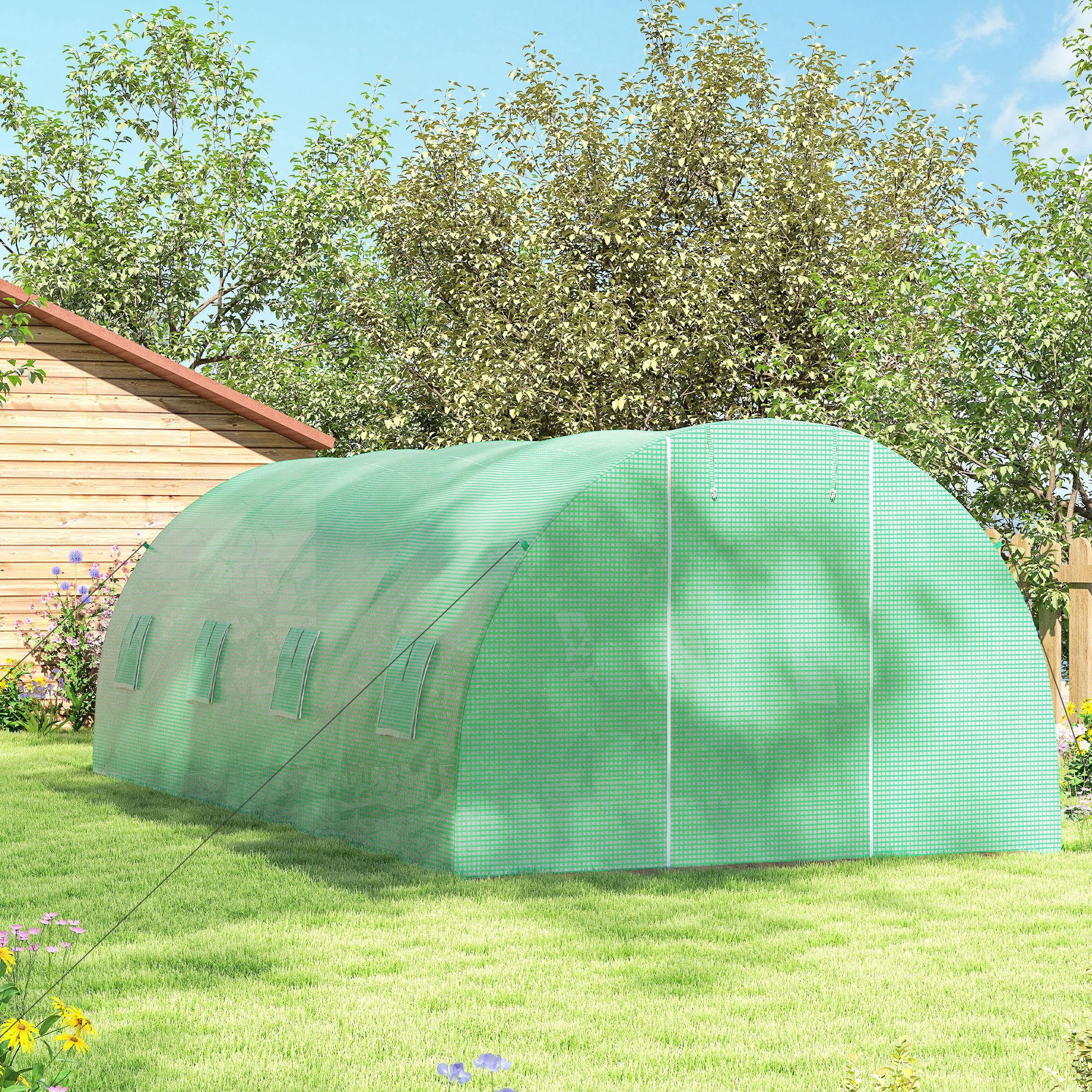 Outsunny Foliengewächshaus begehbares Polytunnel 6 x 3 m Gewächshaus mit 8 Fenster Treibhaus Frostschutz Stahlrohr Dunkelgrün