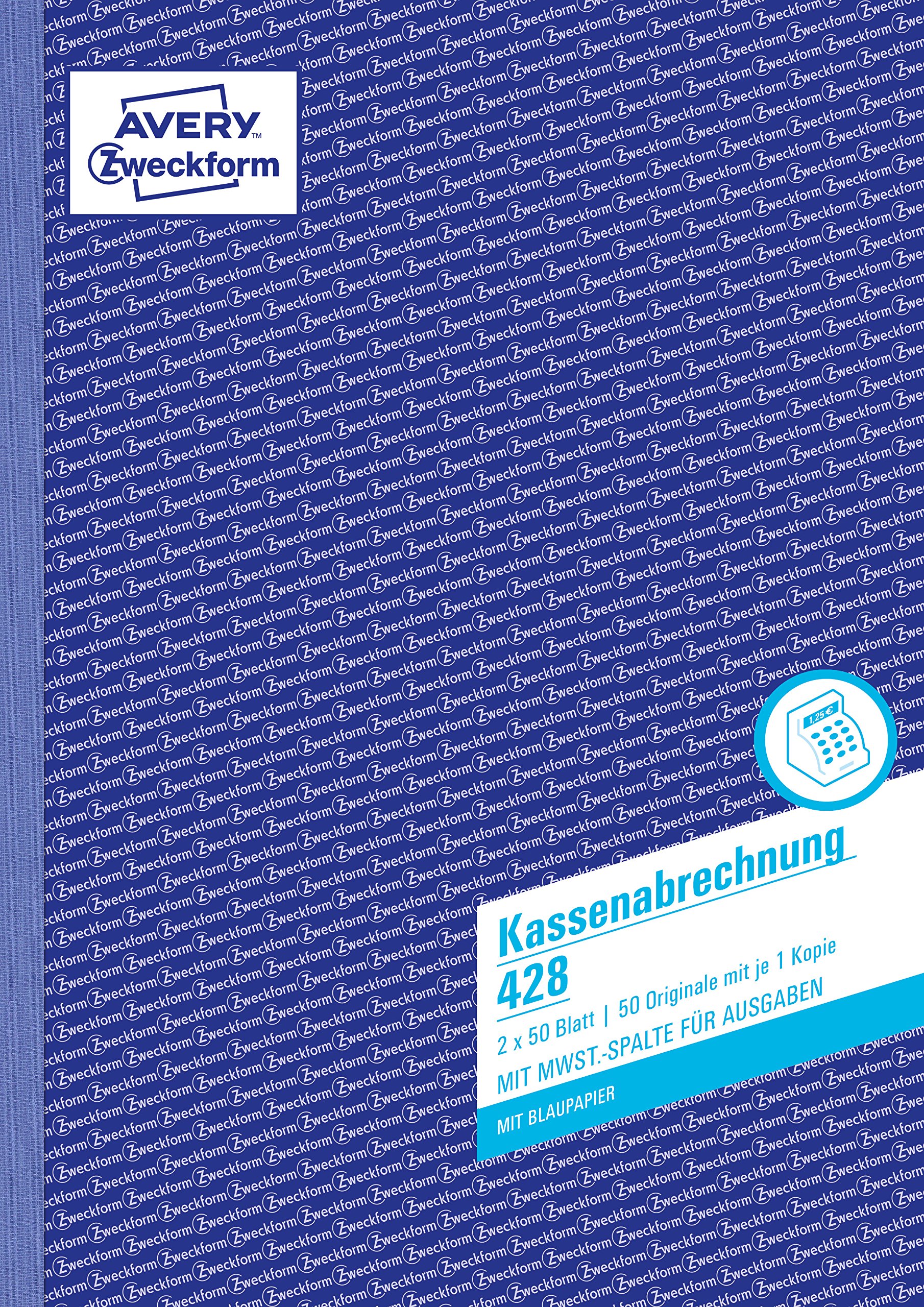 Avery Zweckform Cashing-Up Book First and Second Page Printed with VAT Column for Expenses A4 2 x 50 Pages (German Text)