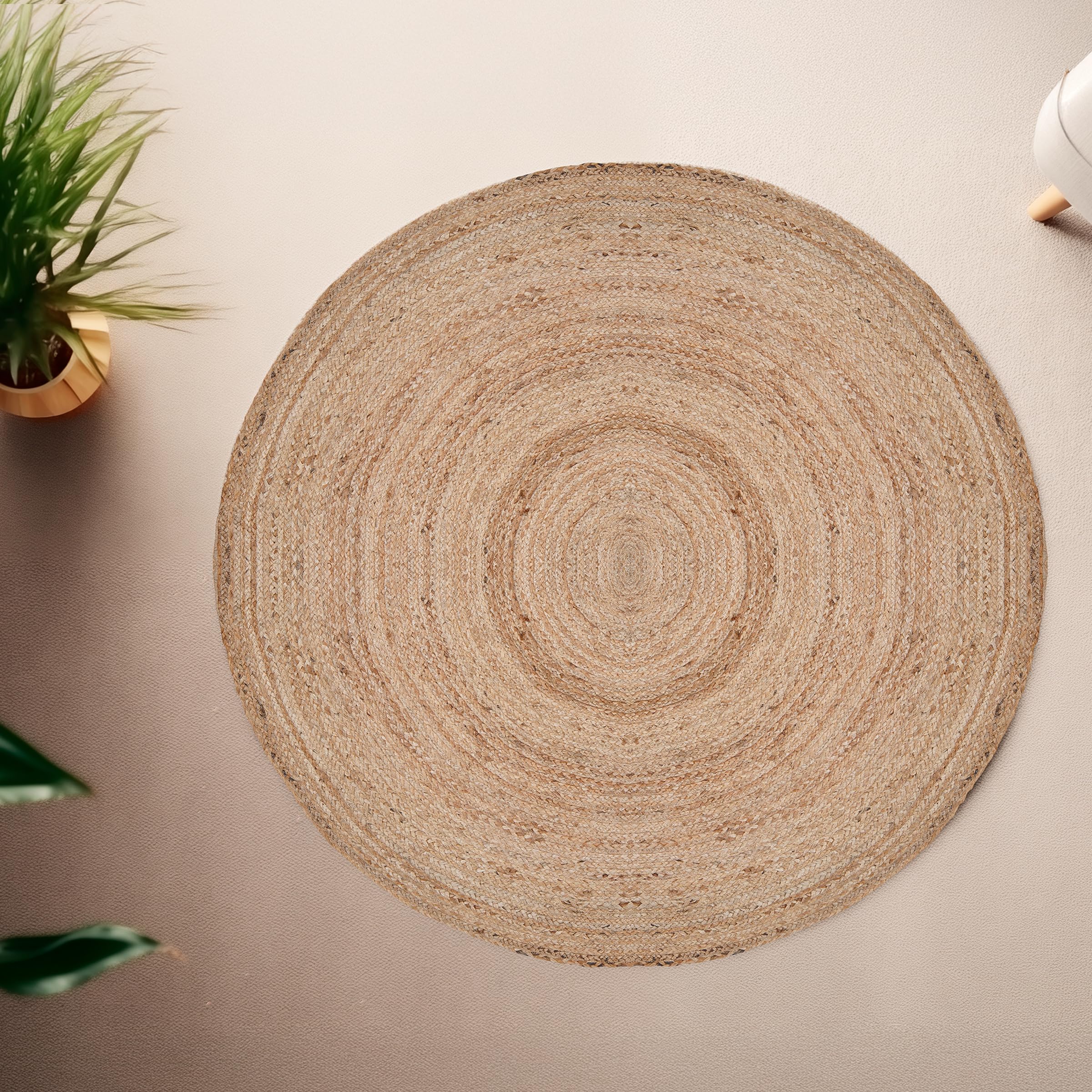 Craft Trade Handwoven Jute Area Rug 3 feet Round Vintage Braided Reversible Farmhouse Rug - Natural, Handmade Boho Charm Eco Friendly Rugs for Bedroom