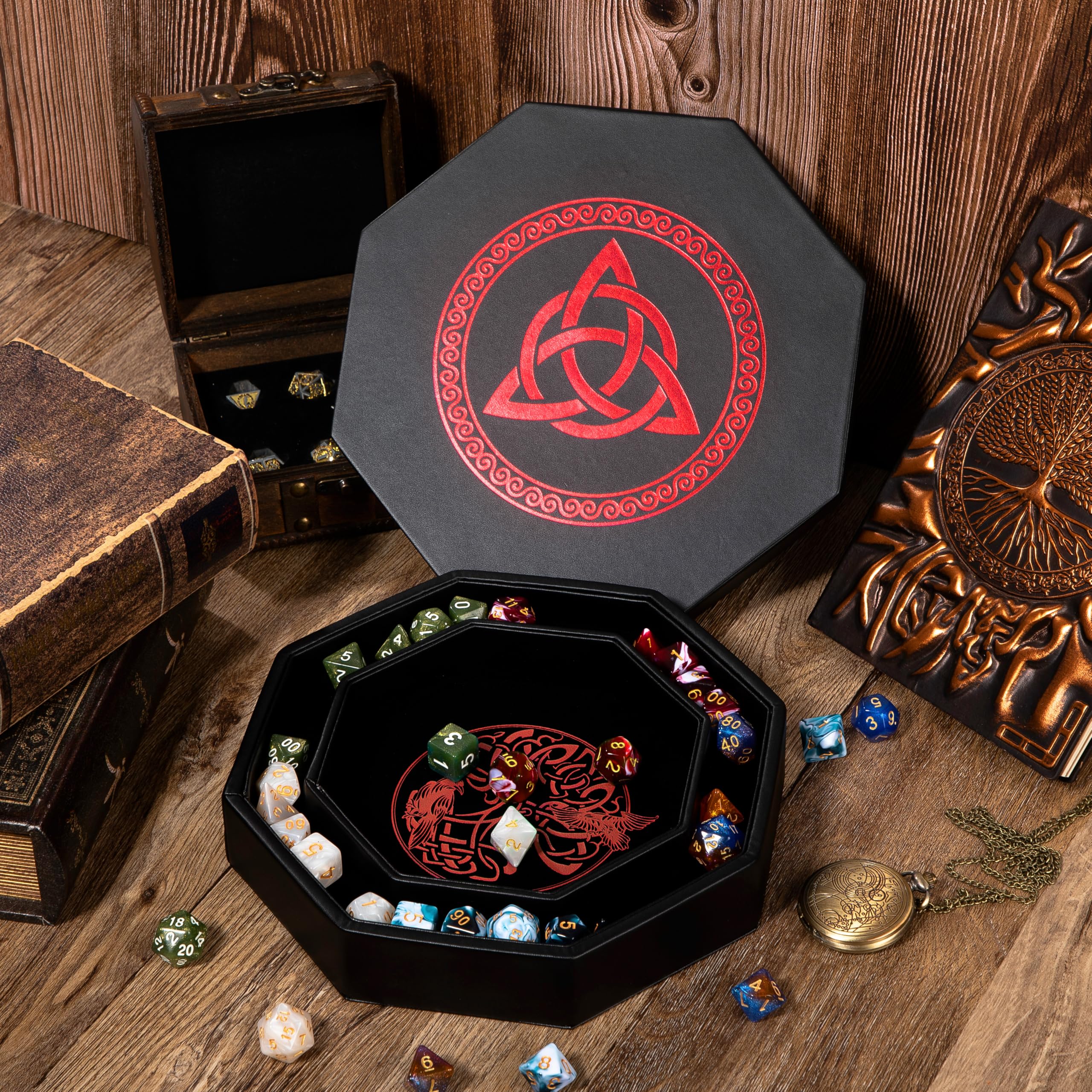 DND - Bandeja de dados de 8 pulgadas, diseño de mazmorras y dragones de alta calidad, diseño exquisitamente detallado de árbol del mundo rojo y triquetra, perfecto para enrollar y almacenar tus dados