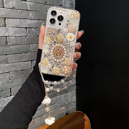 Miniatura 9 de iFiLOVE Funda con diamantes de imitación y correa de flores, 3D de lujo, con diamantes de imitación y diamantes de imitación y rosas de amor, para