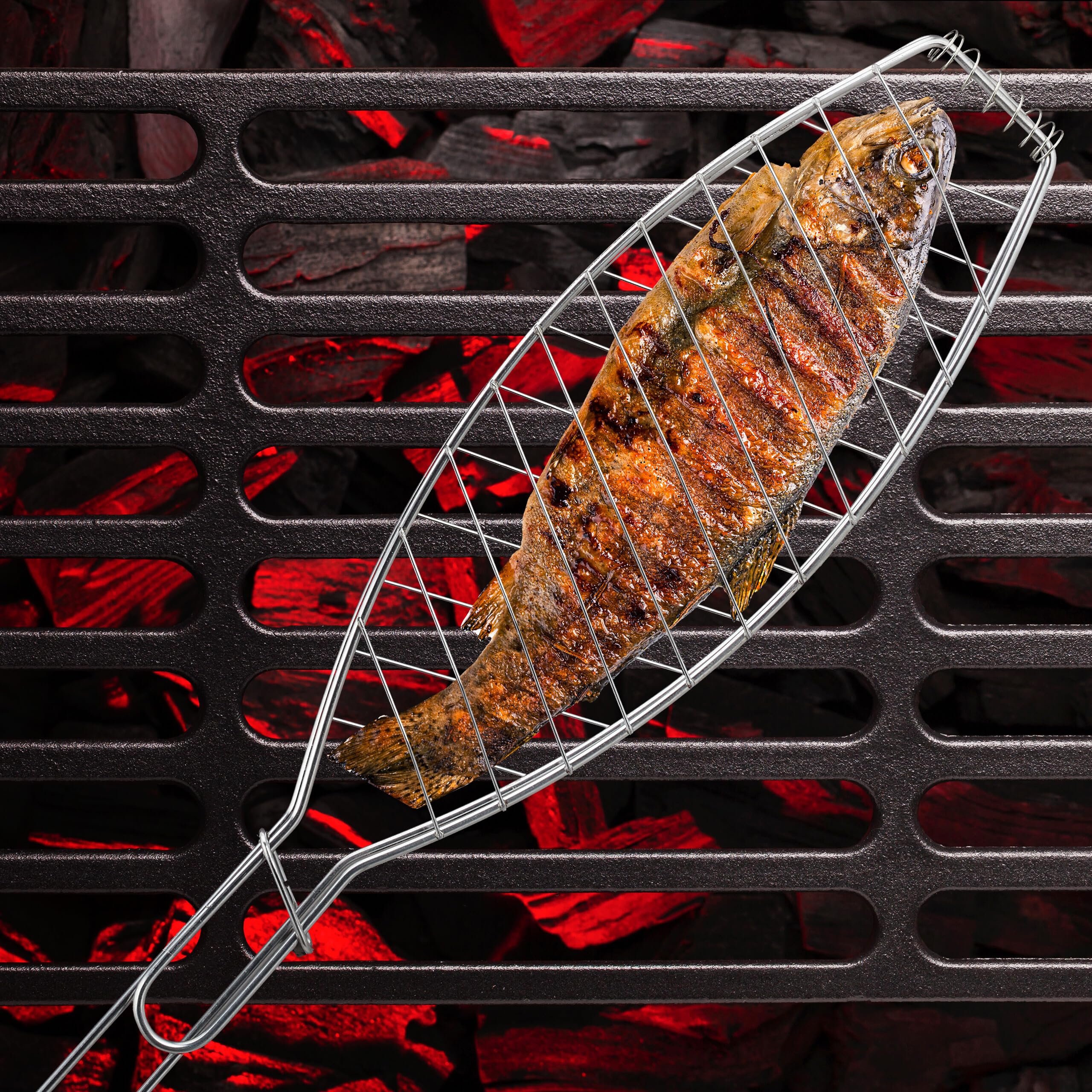 Relaxdays Set 6 Cestelli per Barbecue, Graticola Pesce Grigliato, Girarrosto Griglia in Acciaio Inox L: 54 cm, Argentato
