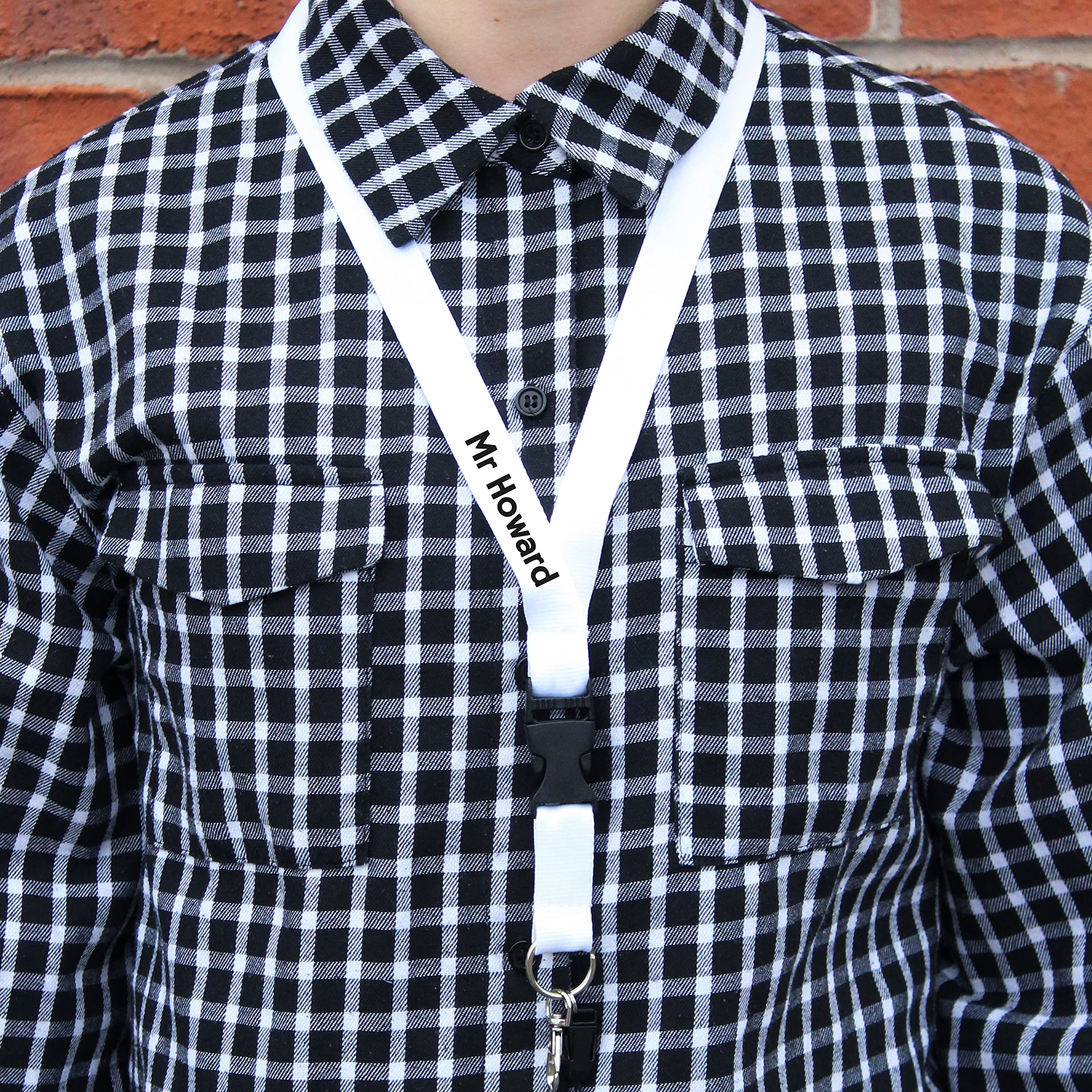 eBuyGB Personalised Teacher Lanyard with Safety Breakaway Clip - ID Pass, Name Badge, Neck Strap Tag Holder, Sanitiser - Office, Work, School Gift (White)