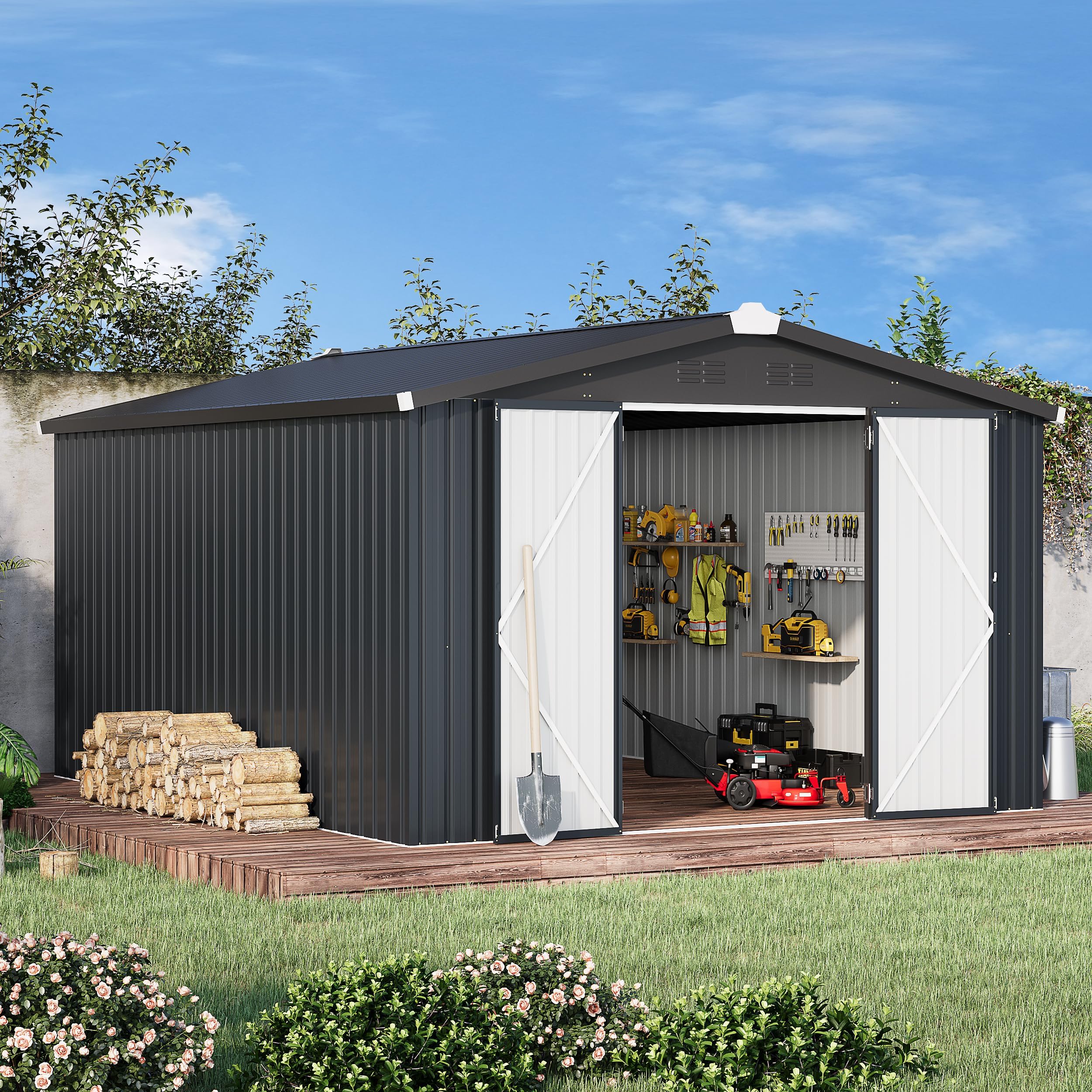 U-MAX 10x14 Outdoor Storage Shed, Large Metal Outside Garden Sheds & Outdoor Storage Clearance, Tool Shed Lockable for Backyard, Patio and Outside Use in Dark Grey