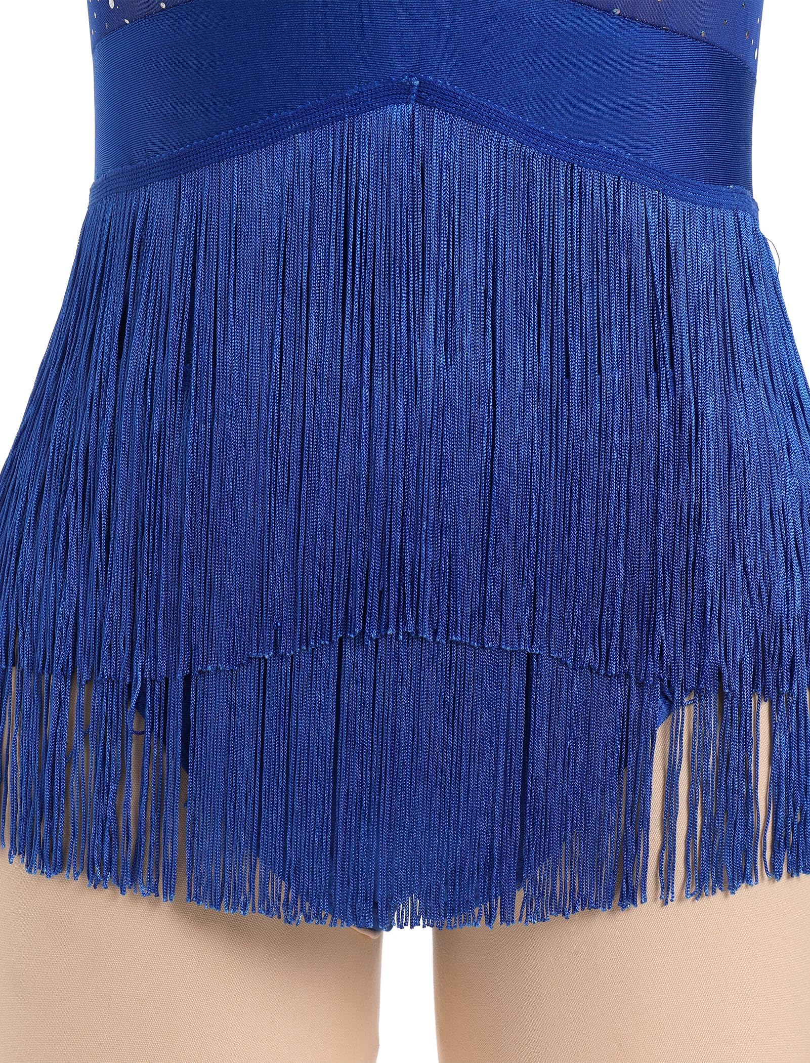 Disfraz de danza latina con lentejuelas con flecos para mujer, con borla brillante, camiseta de danza, soporte para cuello, tangos latinos, salsa, jazz, acrobacias