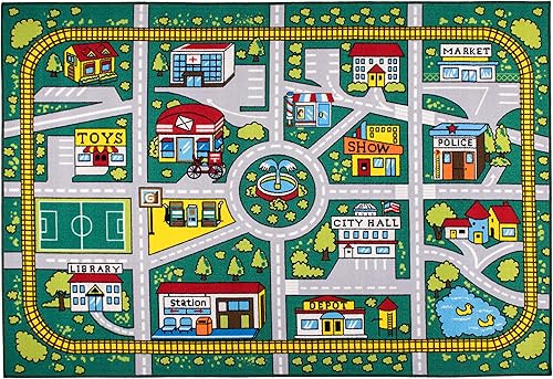 Miniatura 2 de Rugshop Kids Educational Learning City Life Road - Alfombra antideslizante (antideslizante), 3 pies 3 pulgadas x 4 pies 7 pulgadas, color verde