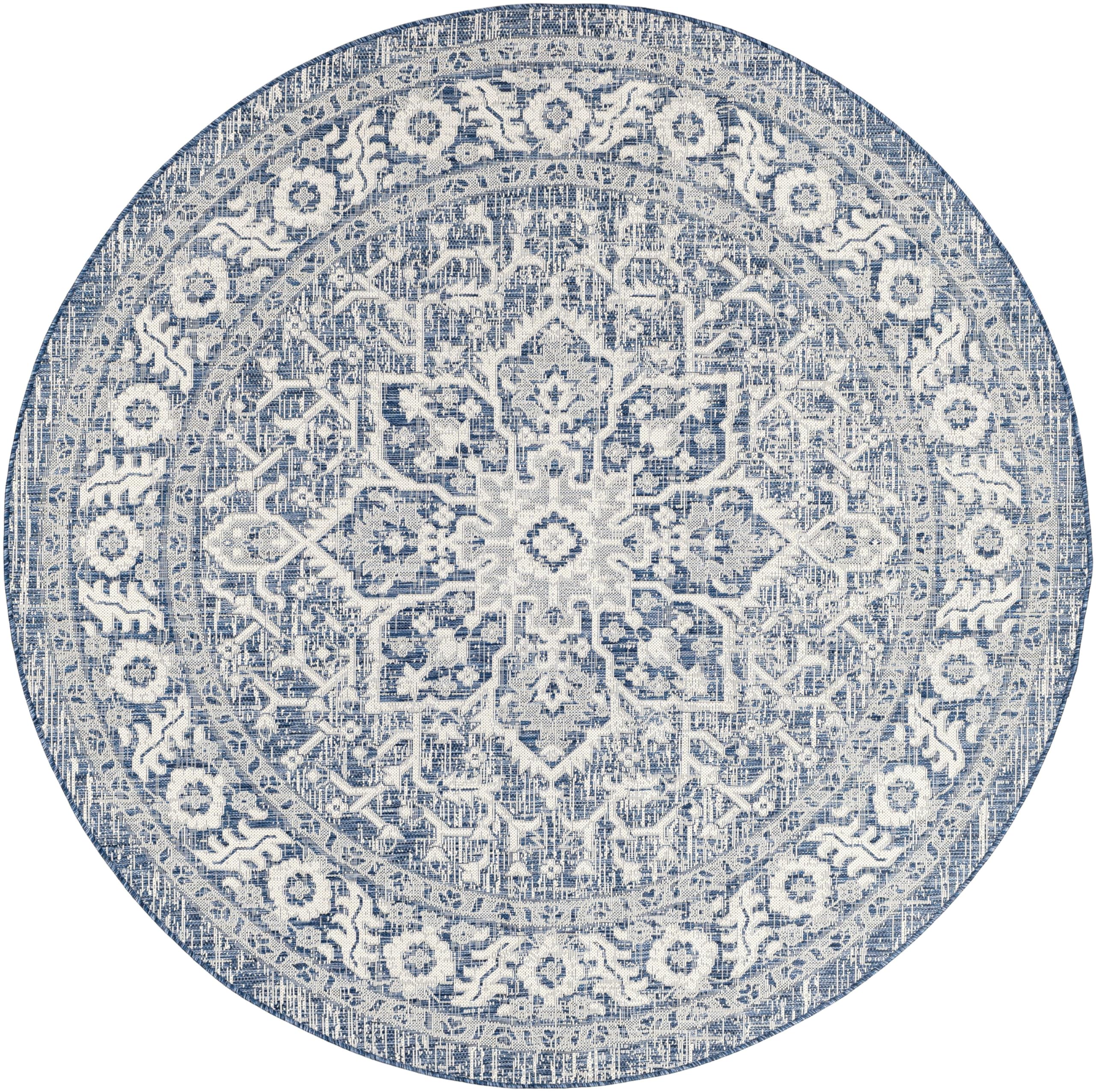 Mark Day Outdoor Rugs 8ft Round Mantinge Traditional Indoor Outdoor Navy Area Rug Non Shedding Blue White Carpet