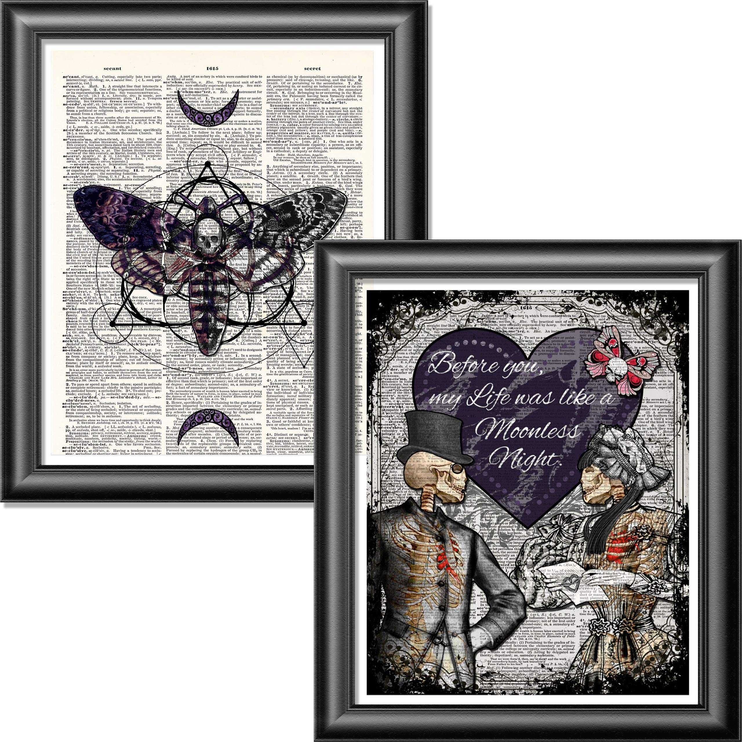 Victorian Lovers and Dead Moth ART PRINTS ON DICTIONARY BOOK PAGES, Wall Decor