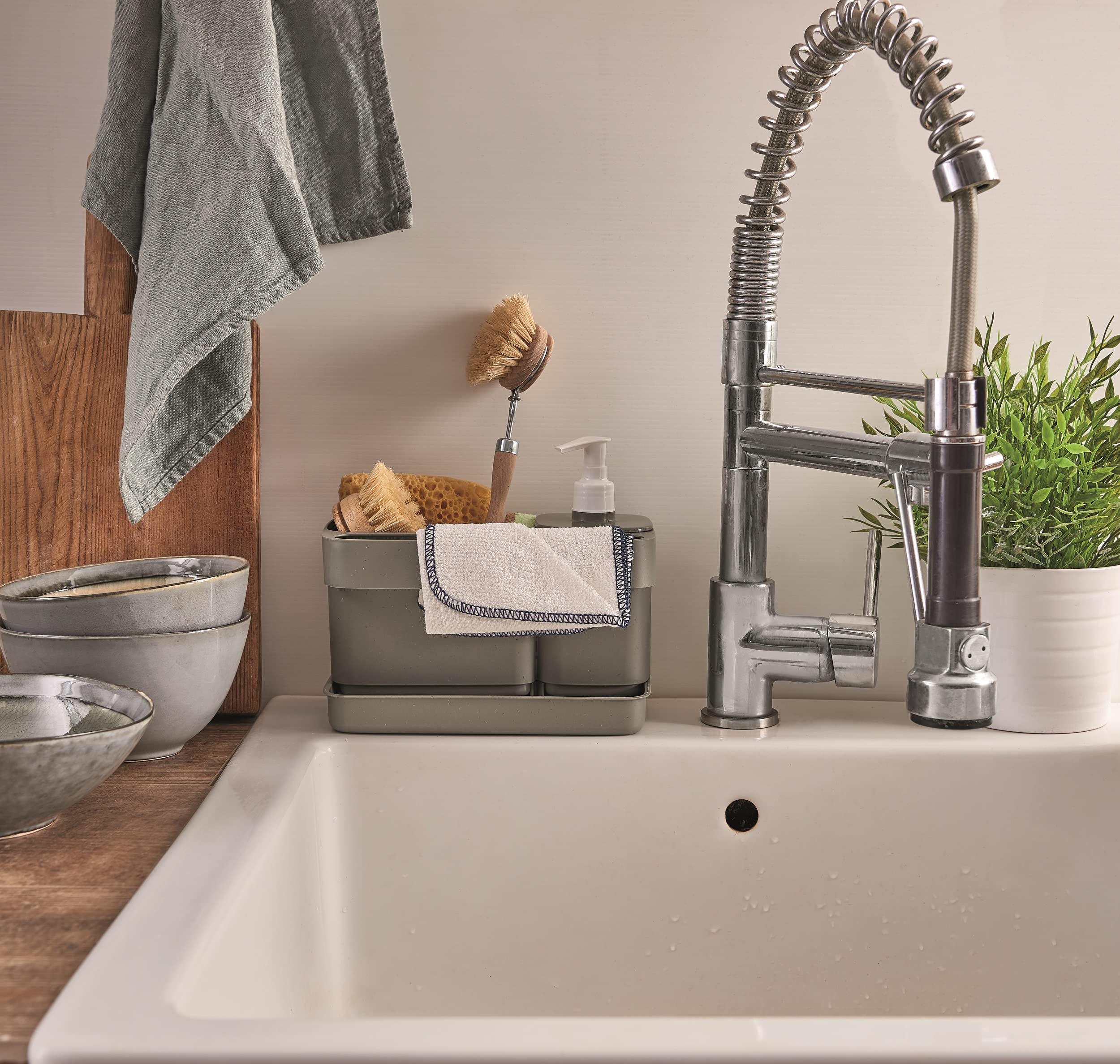 Snips Riordinello - Dispensador Jabón Baño y Cocina, Organizador Fregadero Cocina para Esponjas con Jabonera 400 ml y Soporte Estropajo Fregadero, Paños, Esponja y Bandeja 21x12x18 Made in Italy, Gris