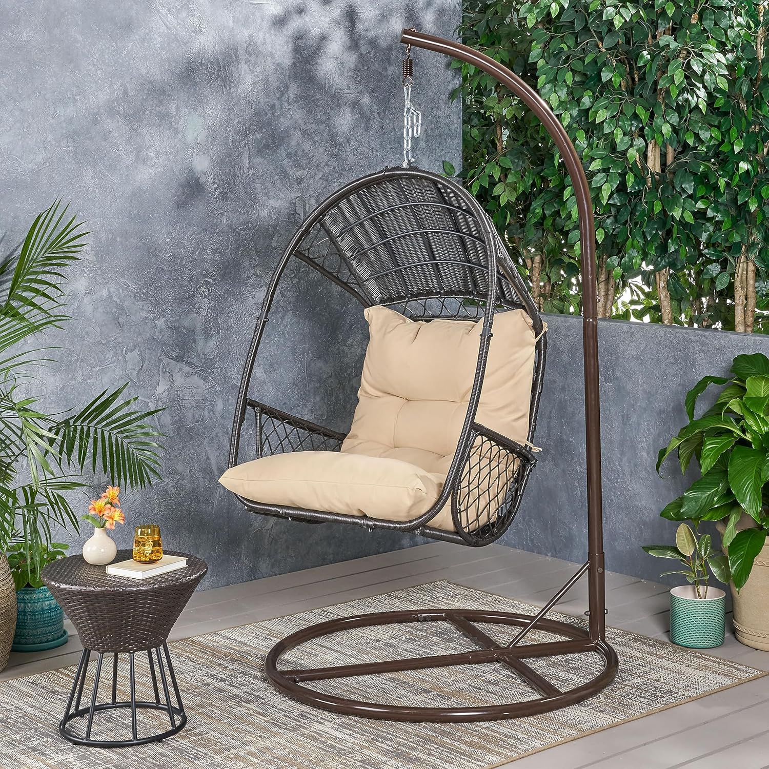 Christopher Knight Home Amanda Wicker Hanging Chair with Stand, Brown, Tan